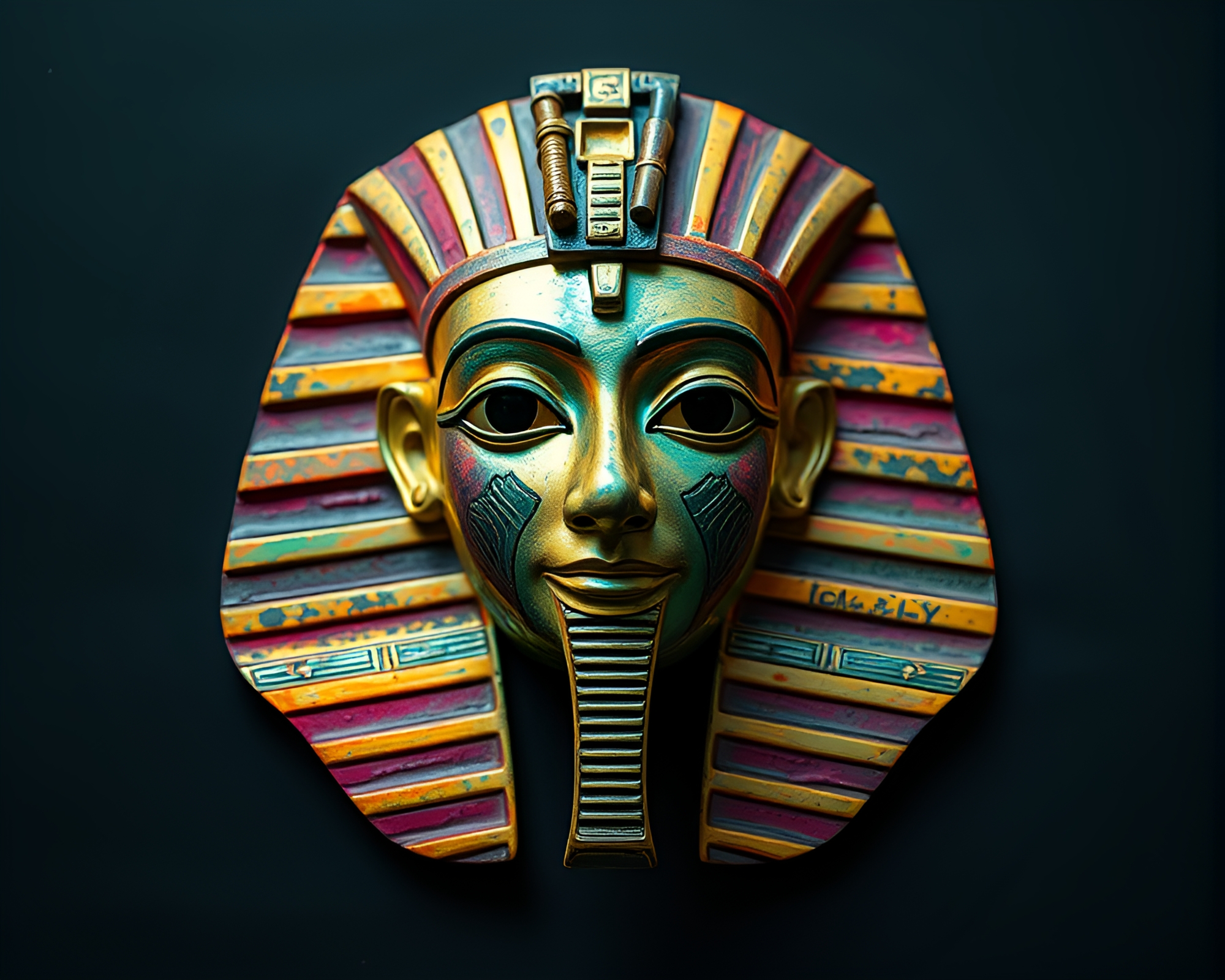 Pharaoh’s Mask in Neon Leaf Litter Scene – free AI stock image