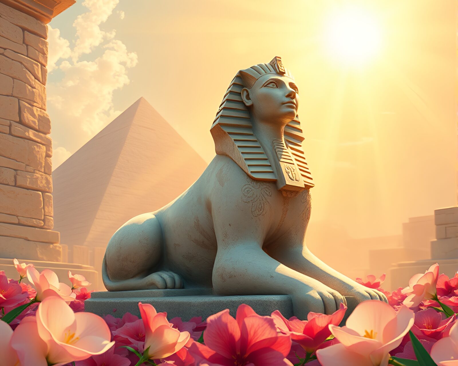 Sphinx statue adorned with flower petals under sunbeam rays