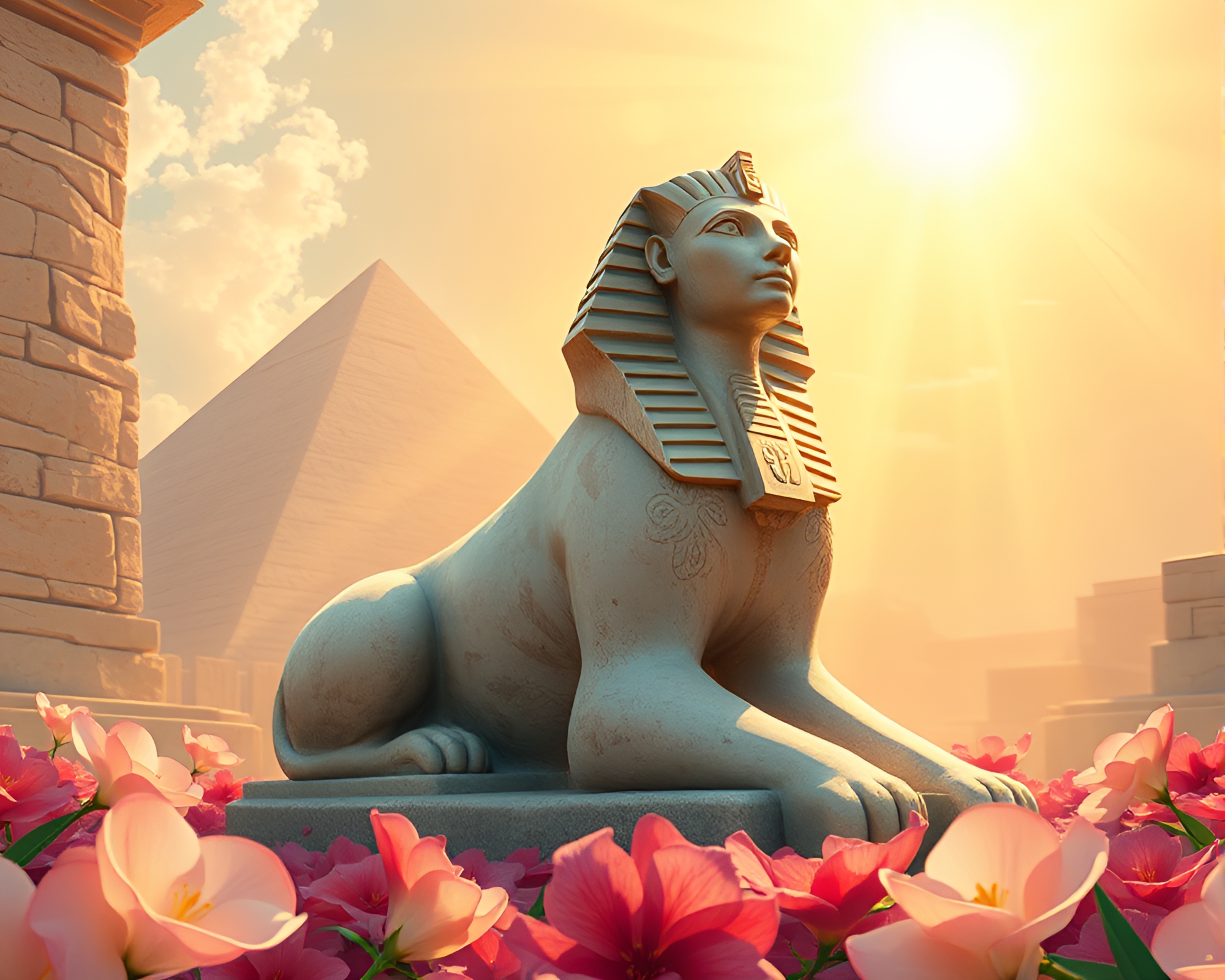 Blooming Sphinx: A Radiant Editorial Illustration – free AI stock image