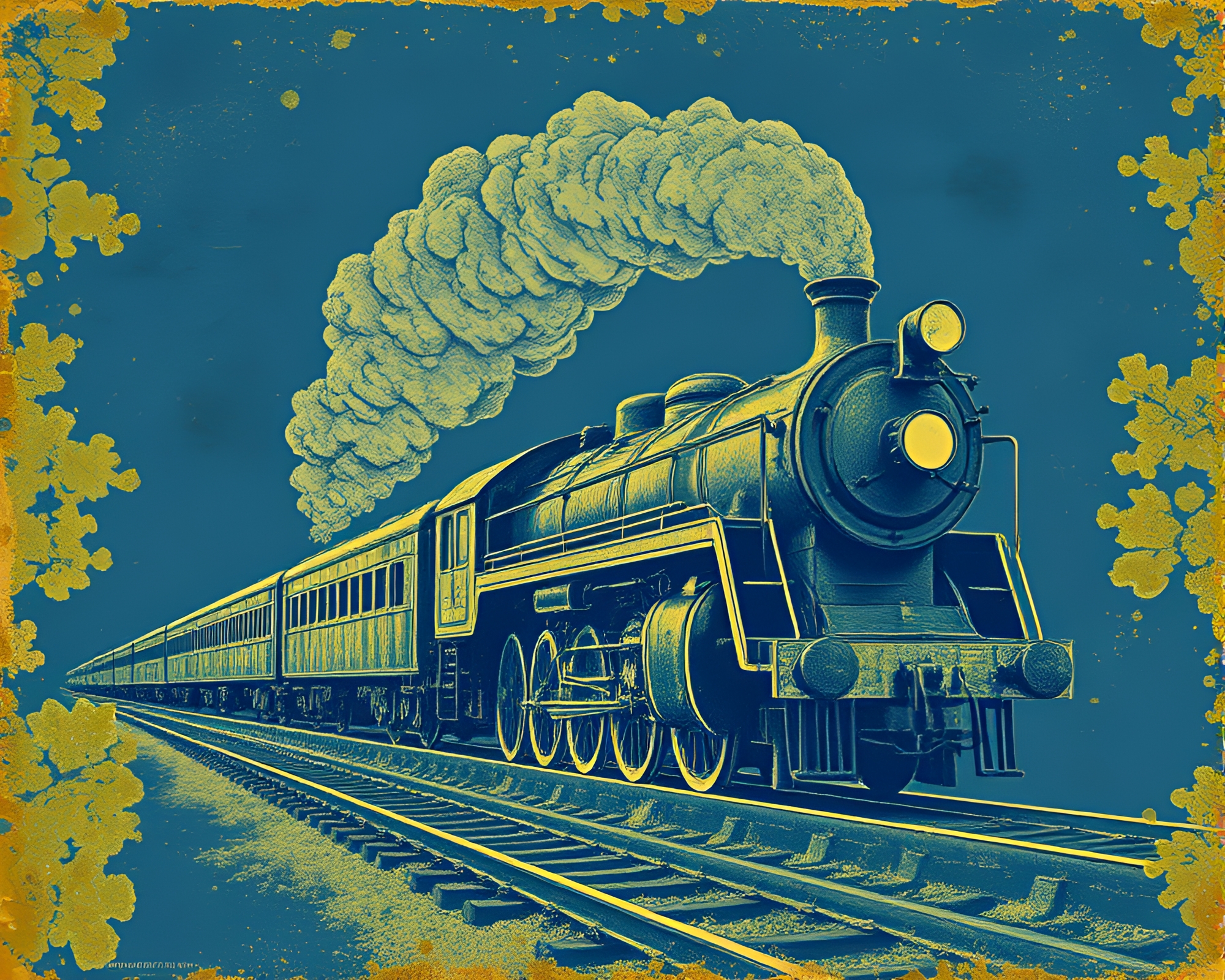 Vintage Steam Locomotive Blueprint with Lichen Texture – free AI stock image