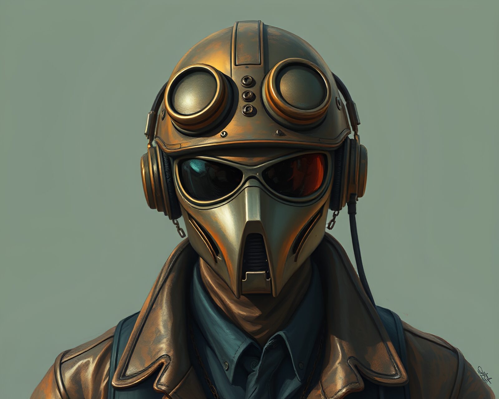 Illustration of a cyberpunk vigilante with bronze patina look