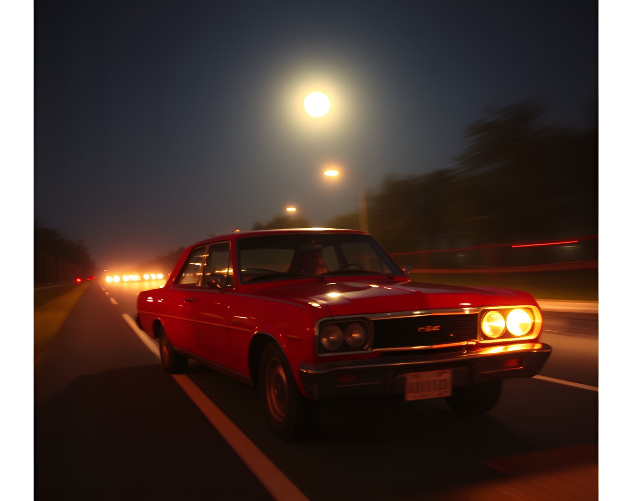 Vintage Car Zoom Burst Under Moonlit Night – free AI stock image
