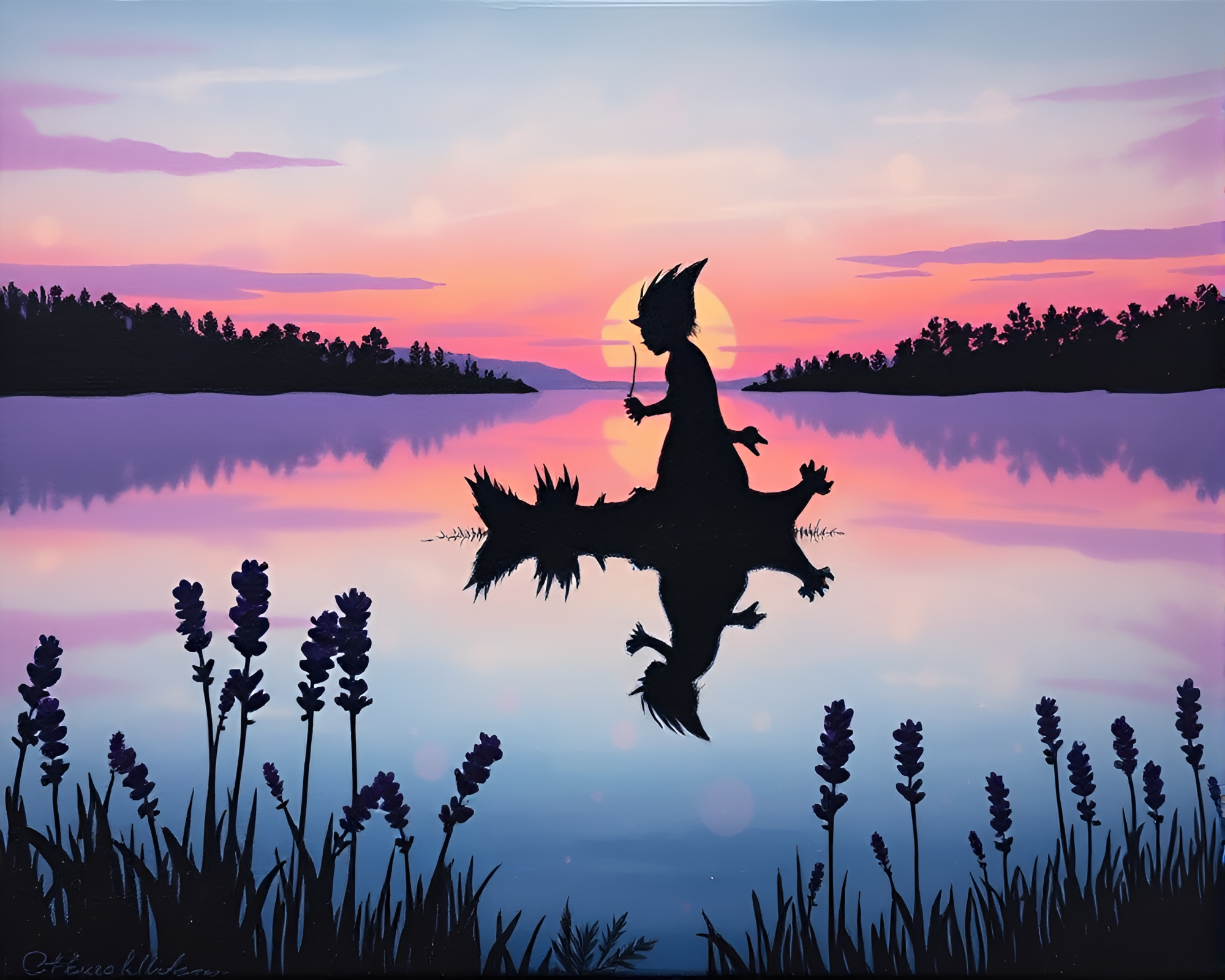 Twilight Troll Silhouette Reflections in Encaustic Painting – free AI stock image