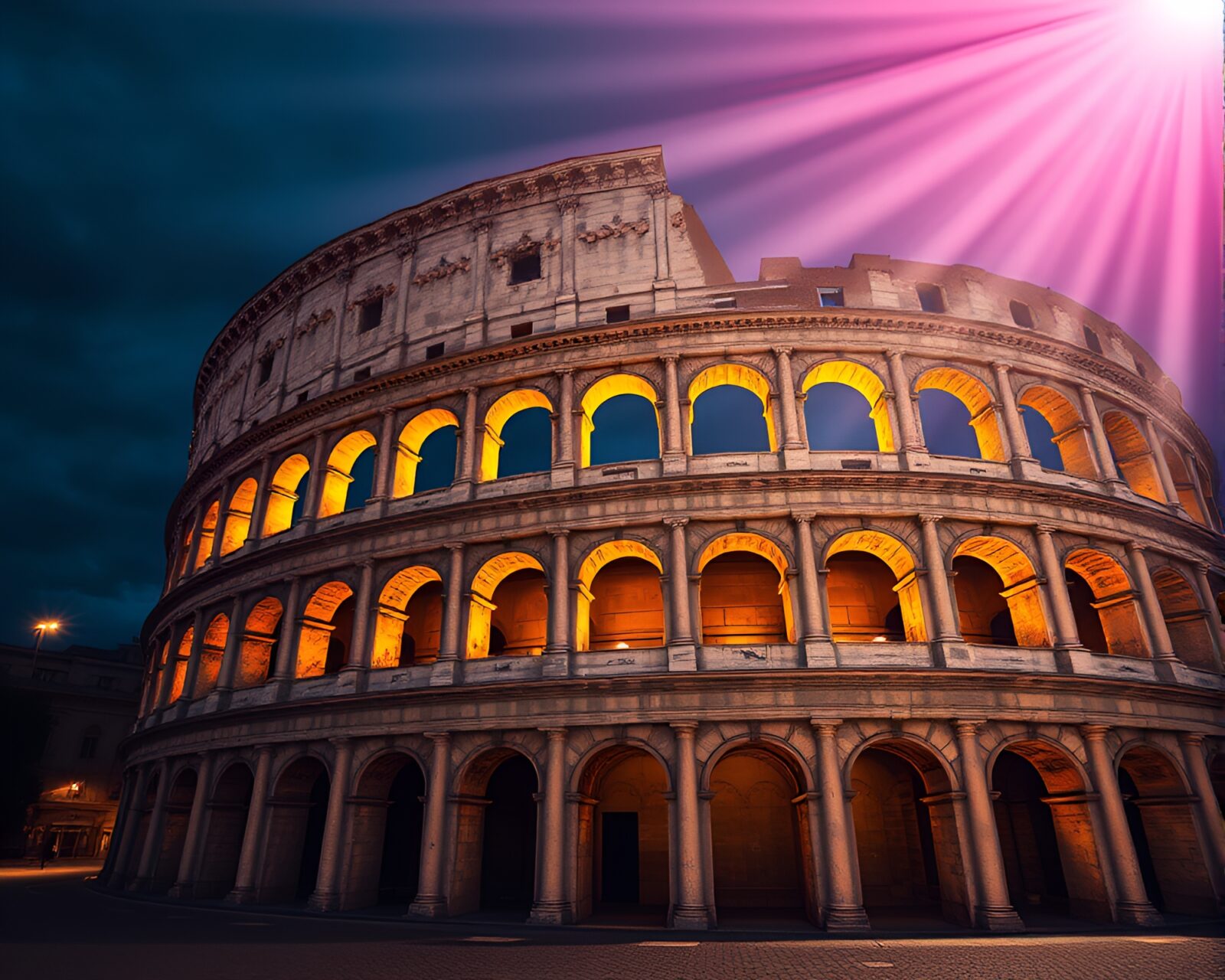 Medium shot of a Roman coliseum bathed in cathedral stained light with maximalist design elements