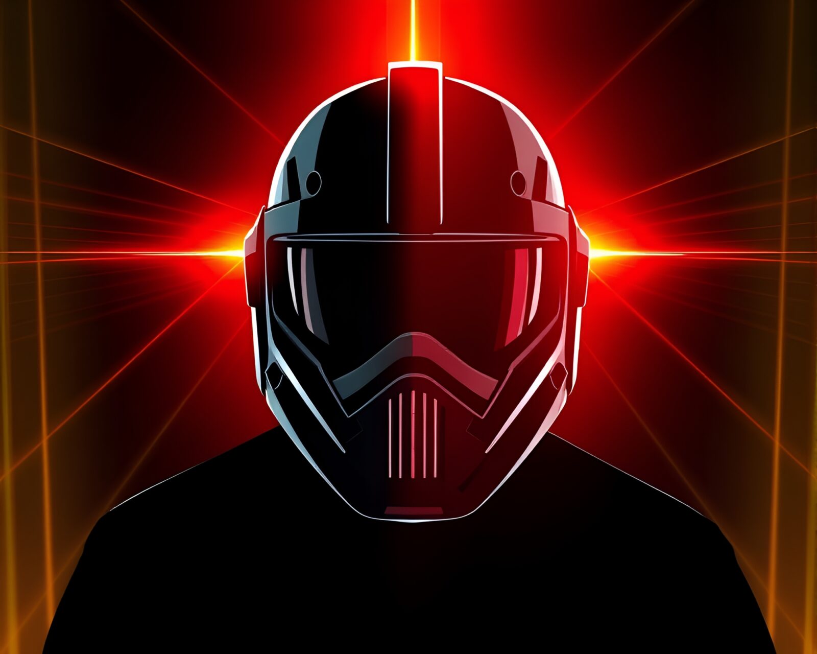 Silhouette of person in helmet surrounded by glowing light beams