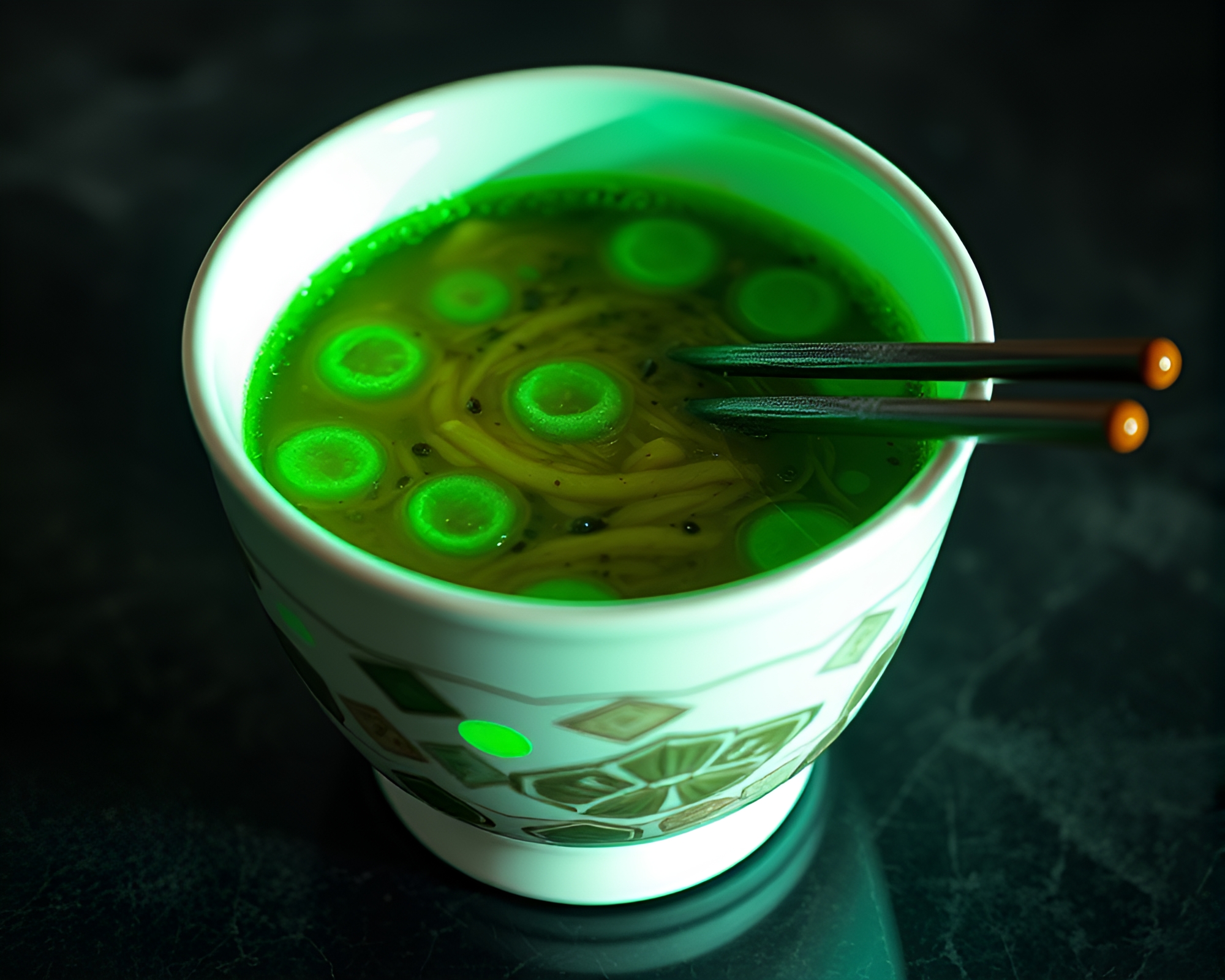 Emerald Ramen Bowl with Mildew Spots Rim Lit – free AI stock image