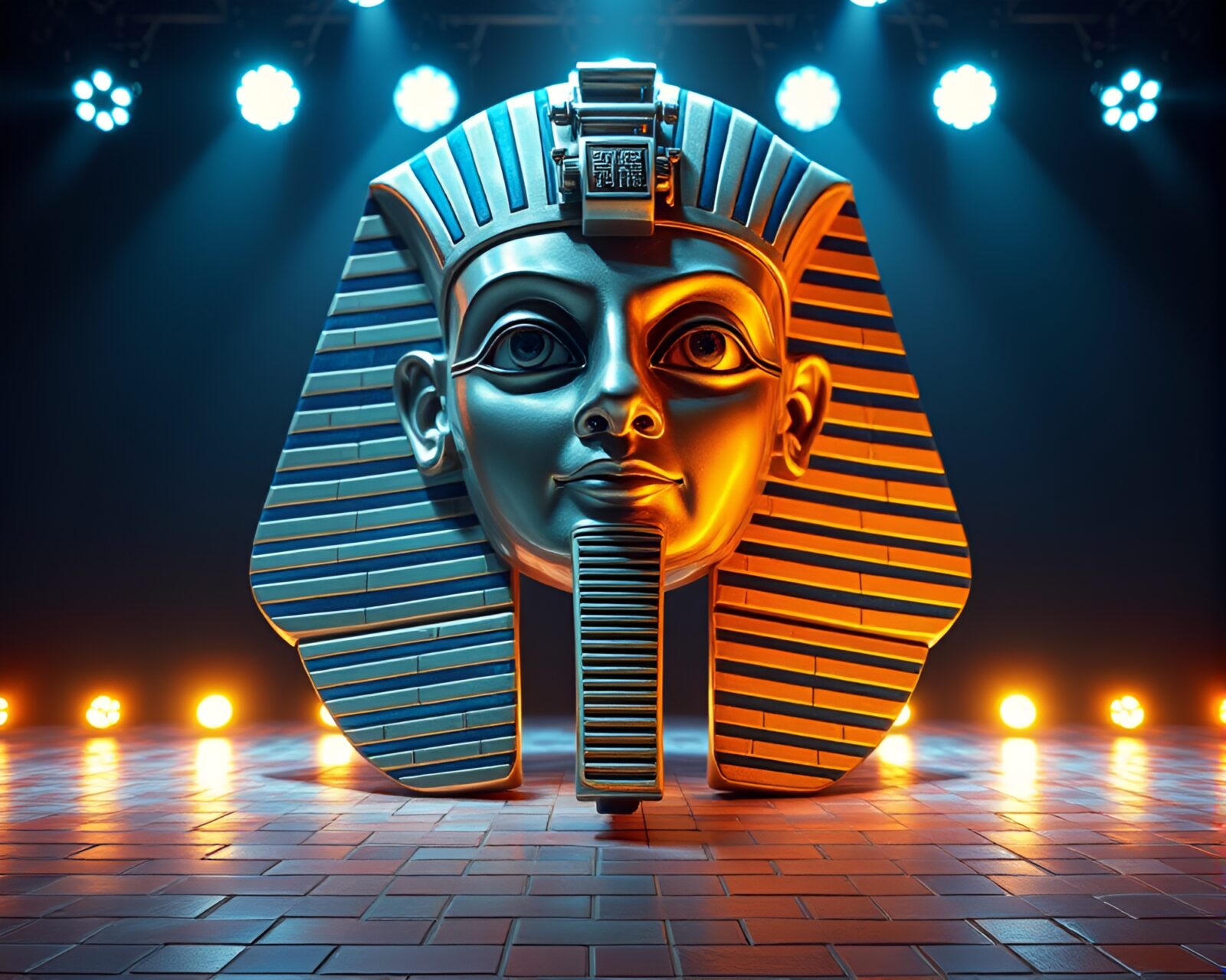 3D scanned Pharaoh's mask under concert lights on mosaic stage