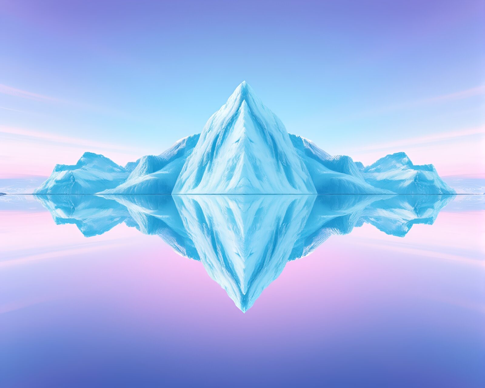 Vibrant pastel-hued Arctic iceberg reflecting in mirrored symmetry