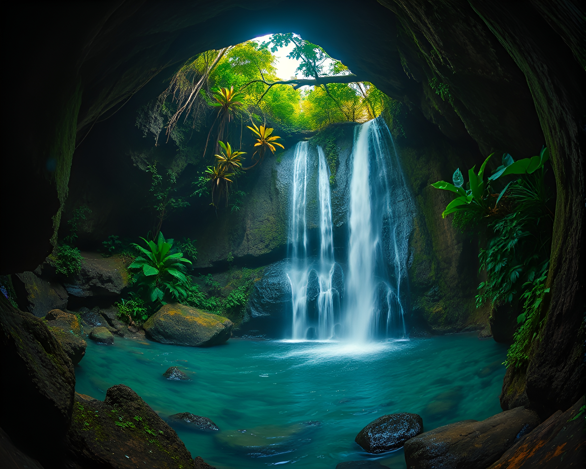 Tropical Waterfall Fisheye Dungeon Torchlight Tattoo Flash Art – free AI stock image