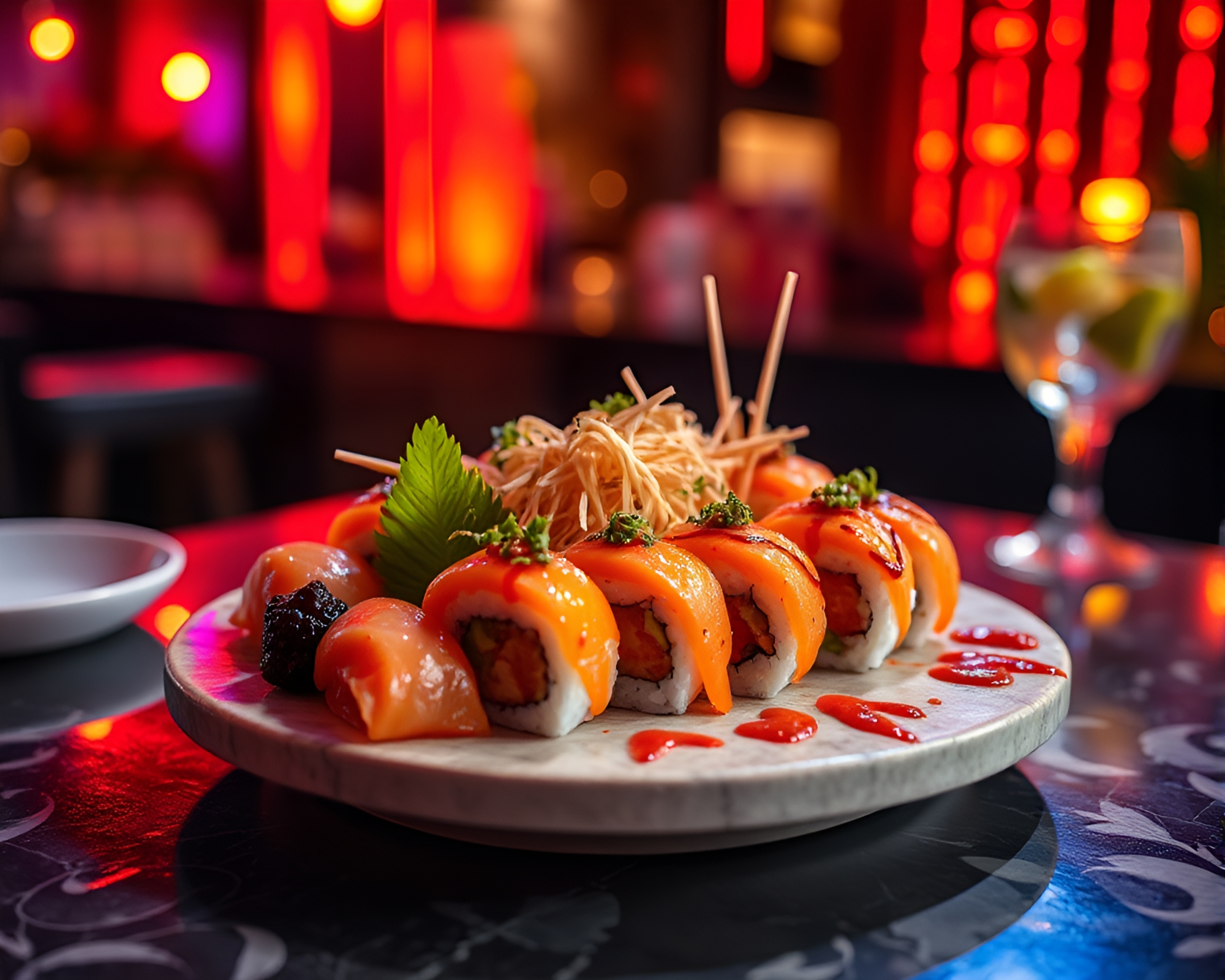 Vibrant Sushi Platter under Strobe Lights – free AI stock image