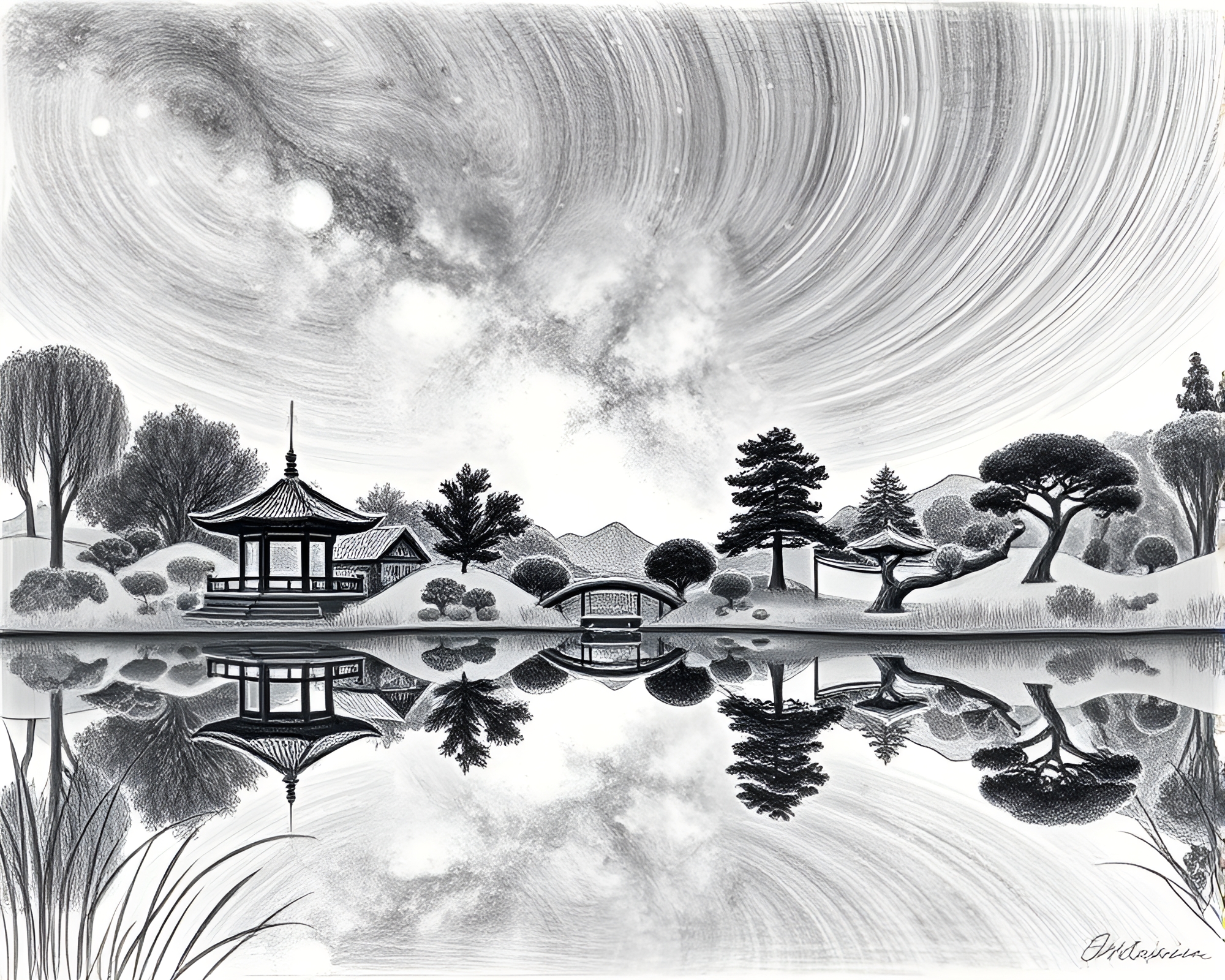 Zen Garden Reflection Silhouette under Milky Way Sketch – free AI stock image