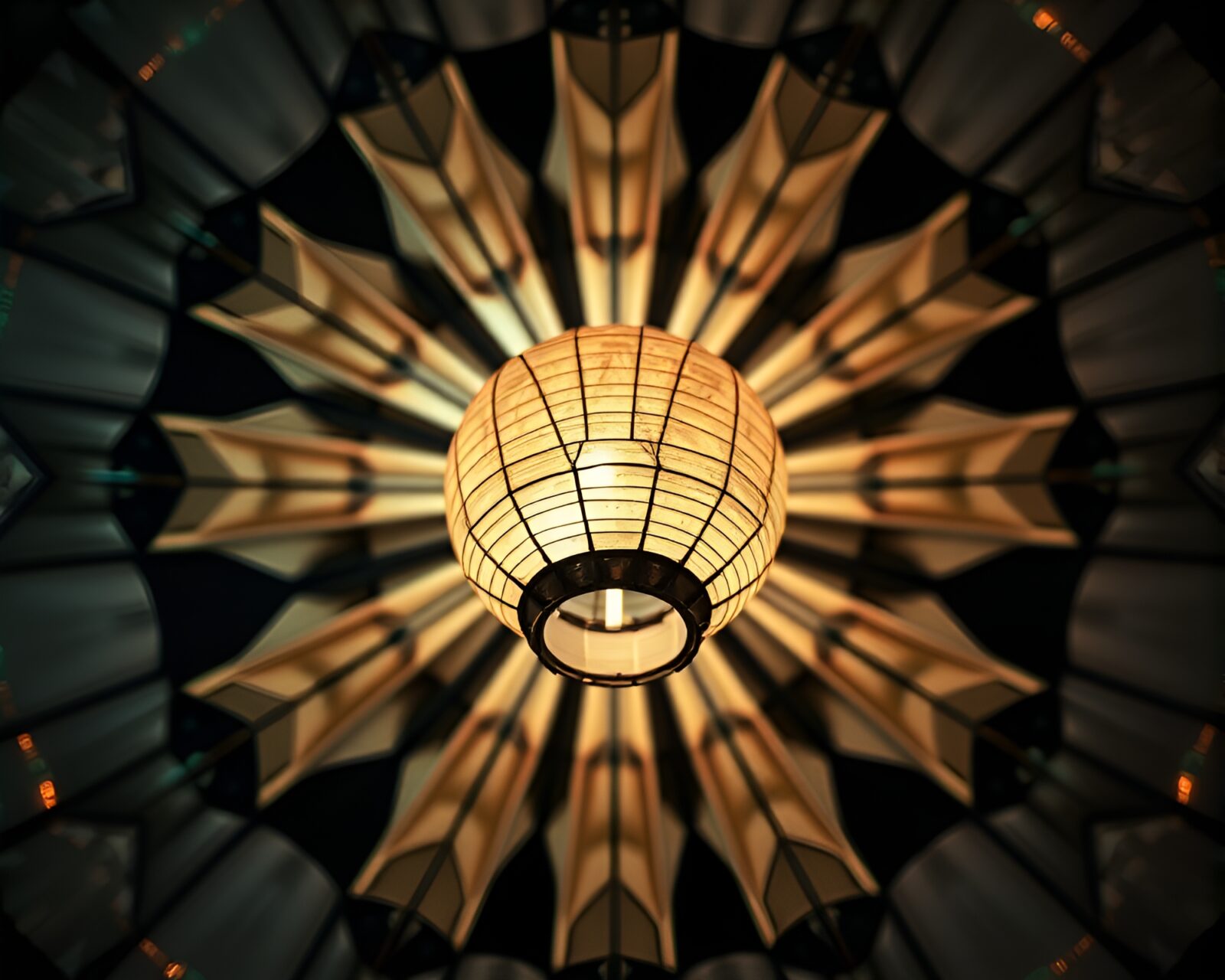 Vibrant cybernetic paper lantern design in radial symmetry pattern