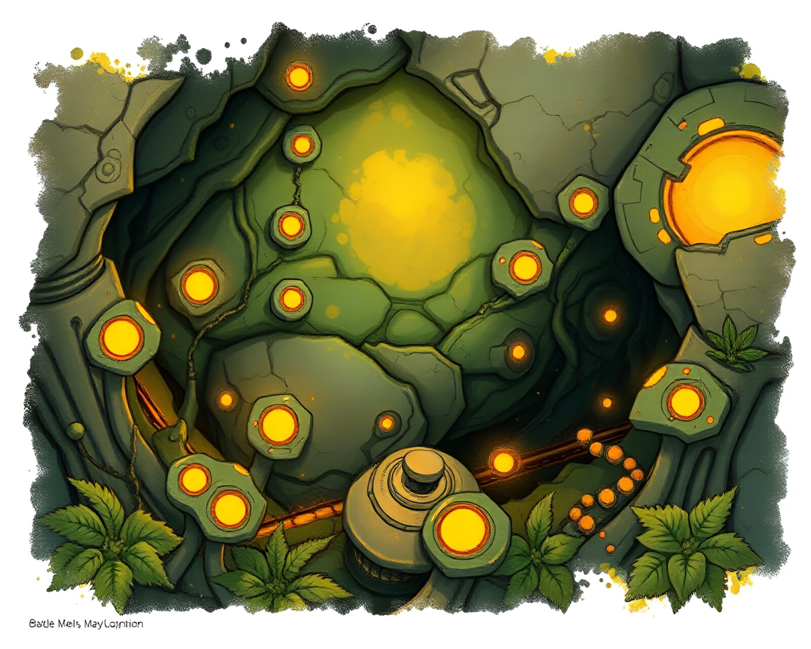 Detailed botanical illustration of a battle mech covered in mildew under rim lighting
