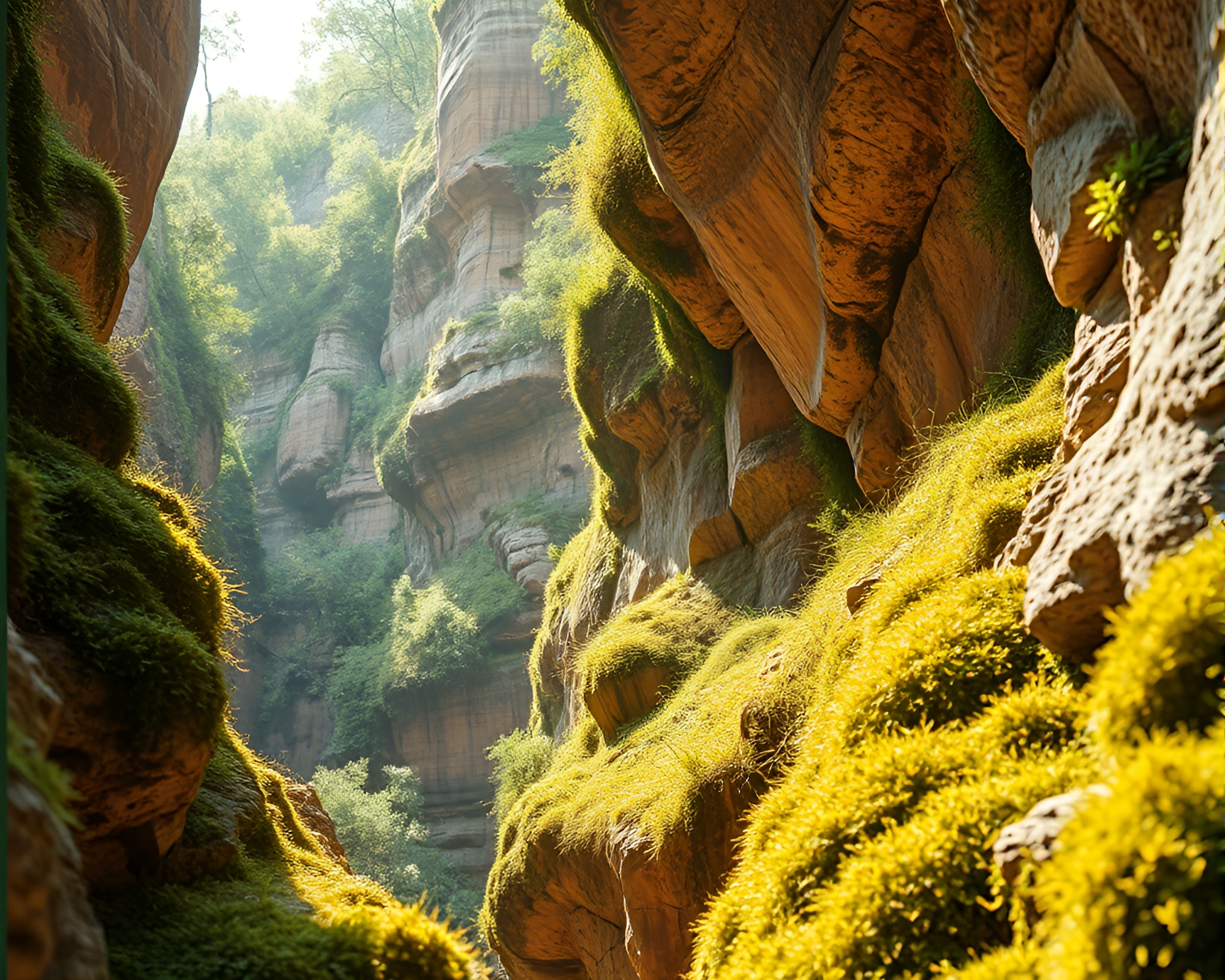 Enigmatic Moss-Covered Canyon in Fashion Illustration Style – free AI stock image