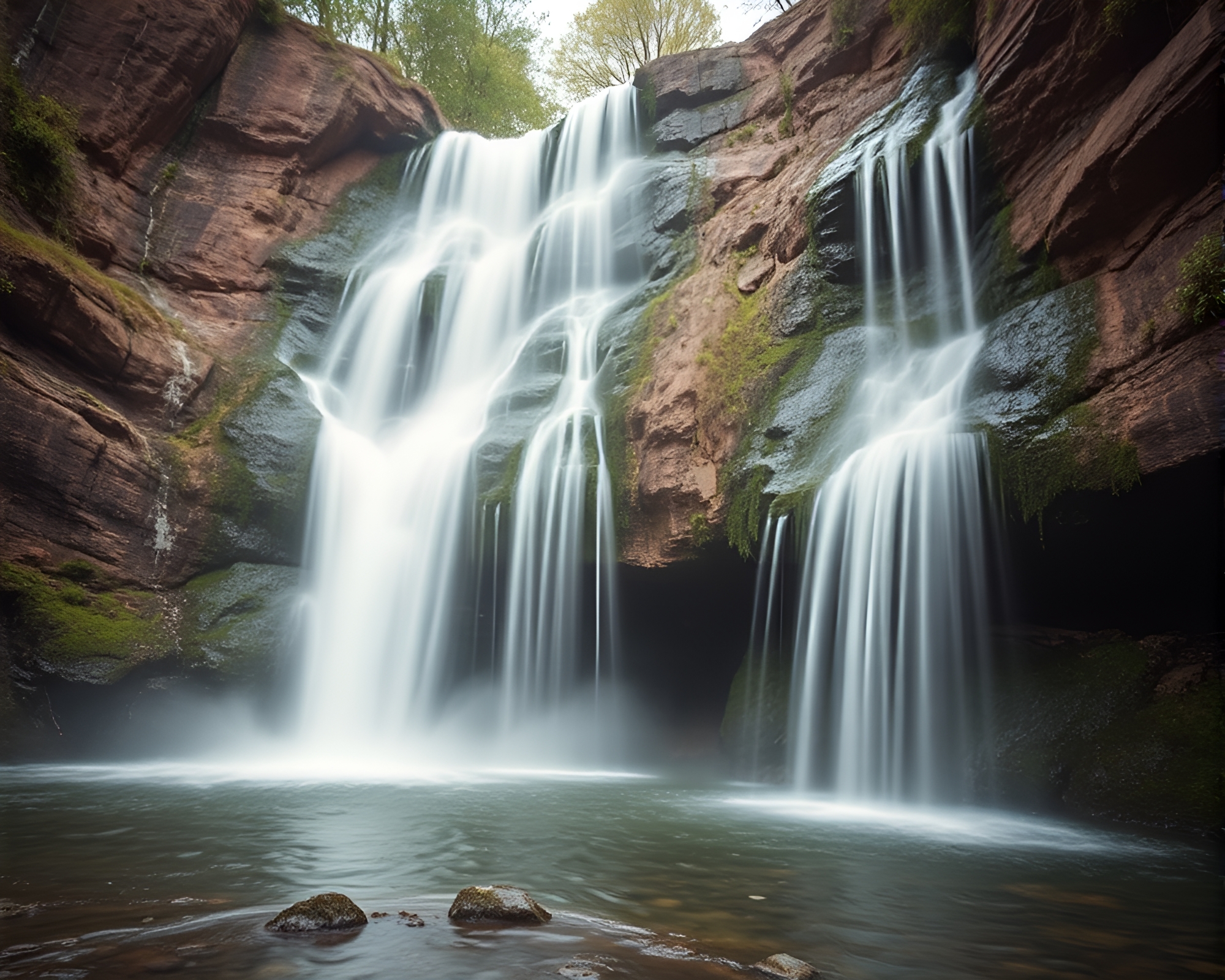 Waterfall Symphony Split Focus Diopter Composition – free AI stock image