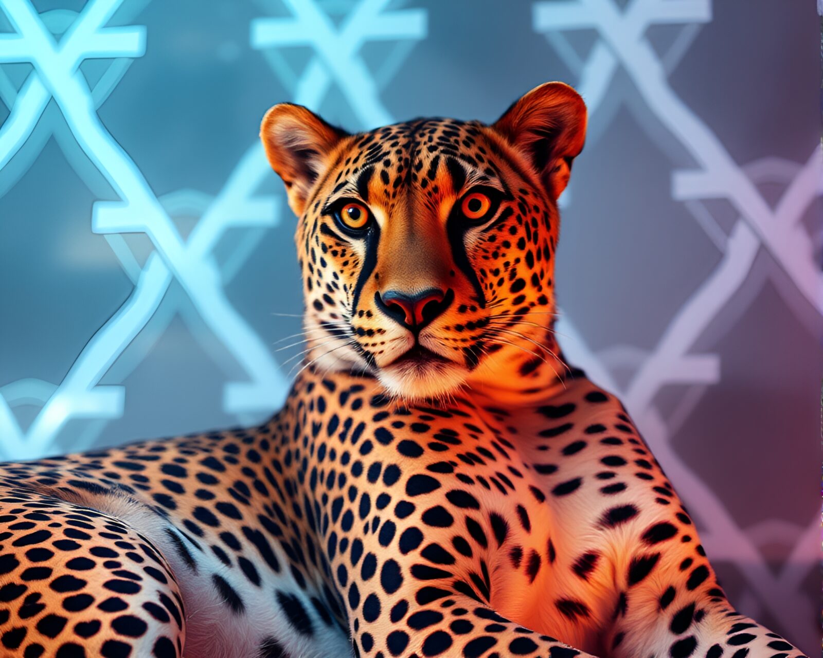 Fluorescent-lit cheetah prowling through a maze of patterns