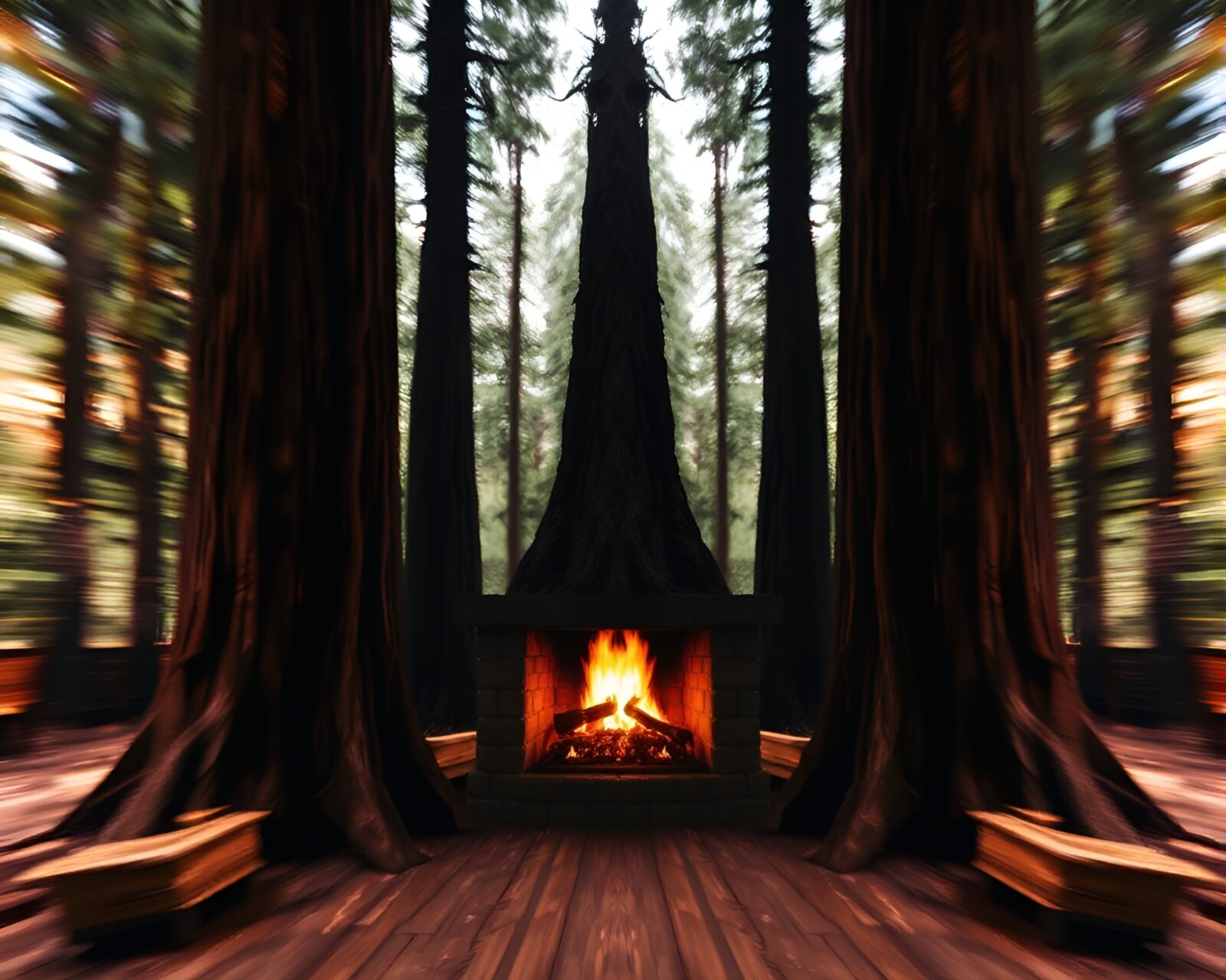 Serene scene of redwood tree by a roaring fireplace