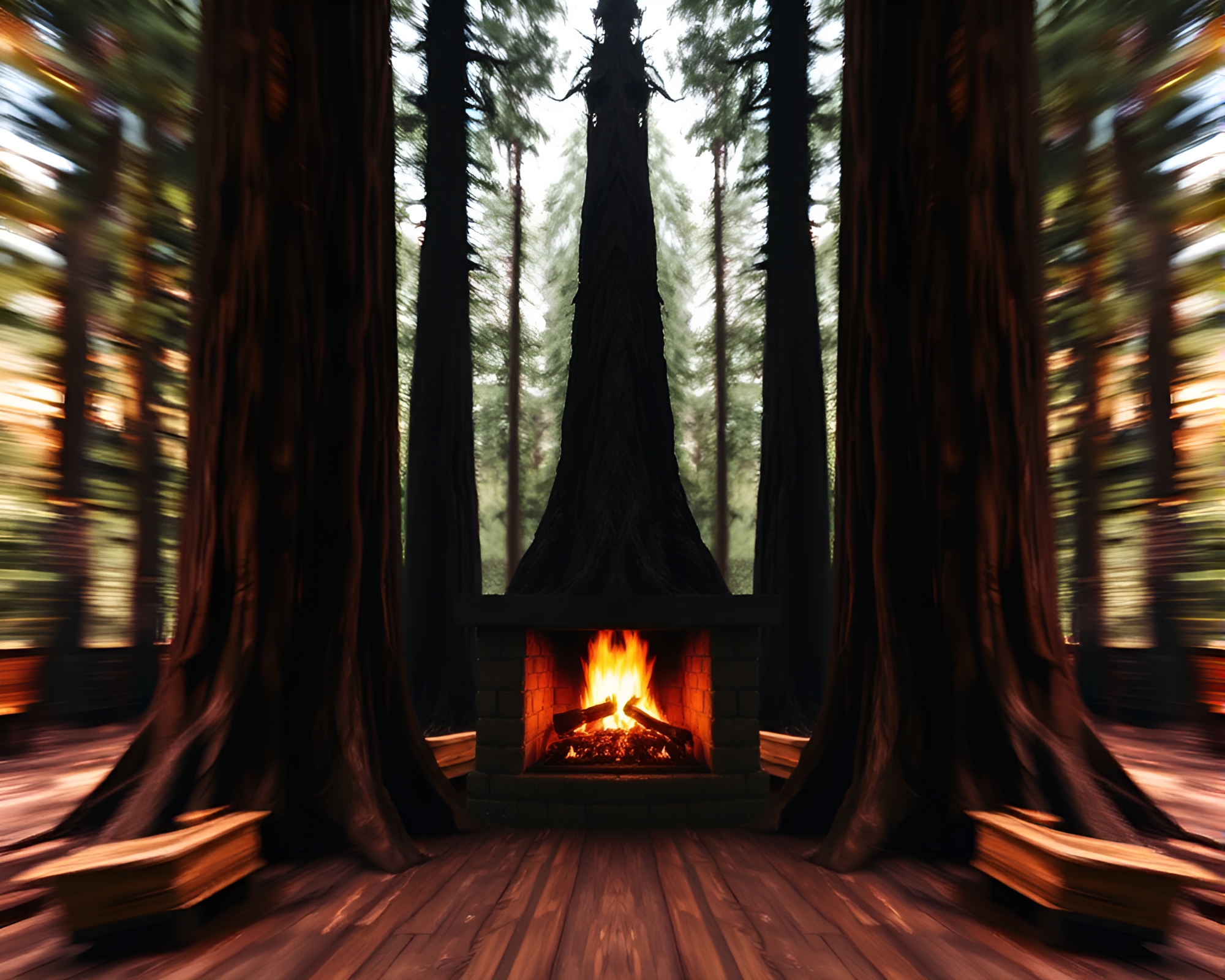 Enchanting Redwood Tree by Fireplace with Motion Blur – free AI stock image