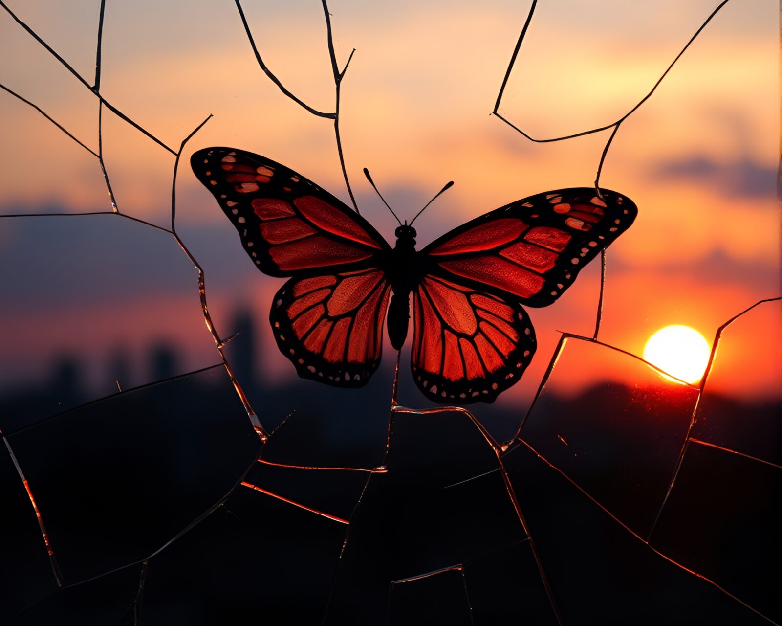 Broken glass showcasing silk butterfly with skyline at sunset