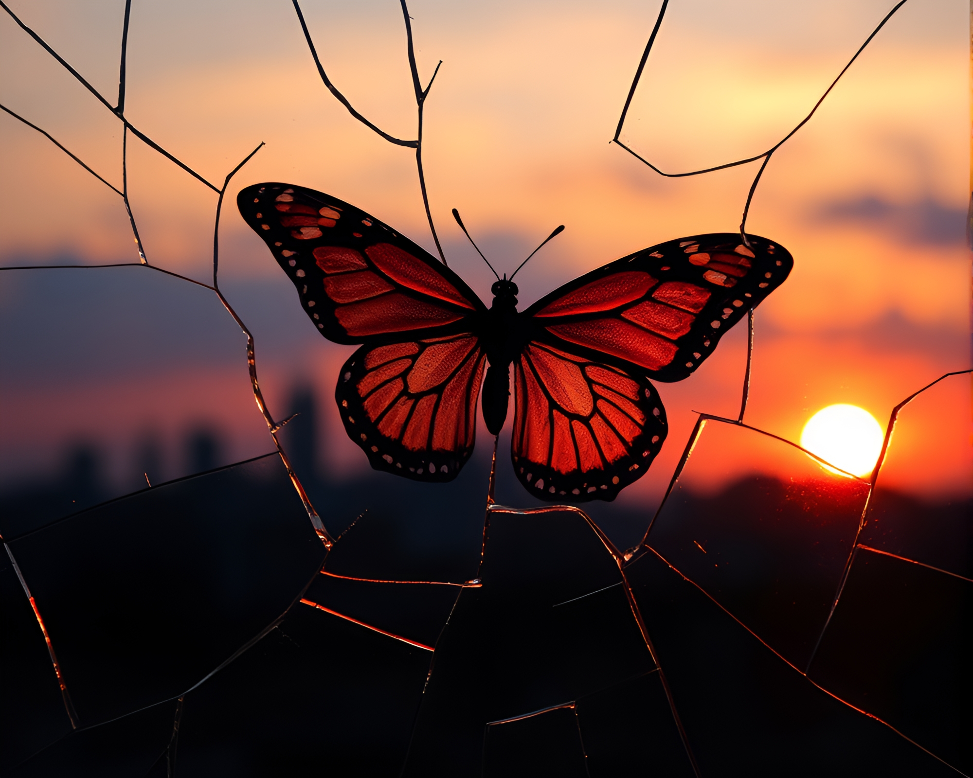 Sunset Butterfly Reflection: Chiaroscuro Glass Artwork – free AI stock image
