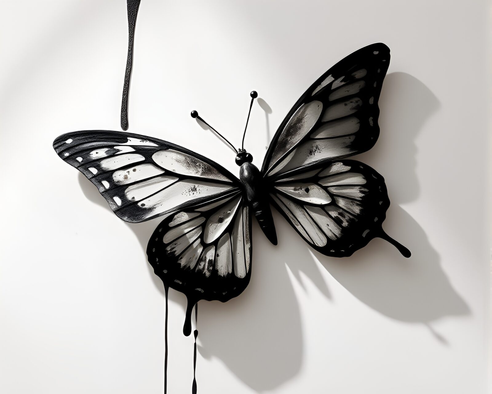 Softly glowing butterfly made of silk in intricate ink wash design