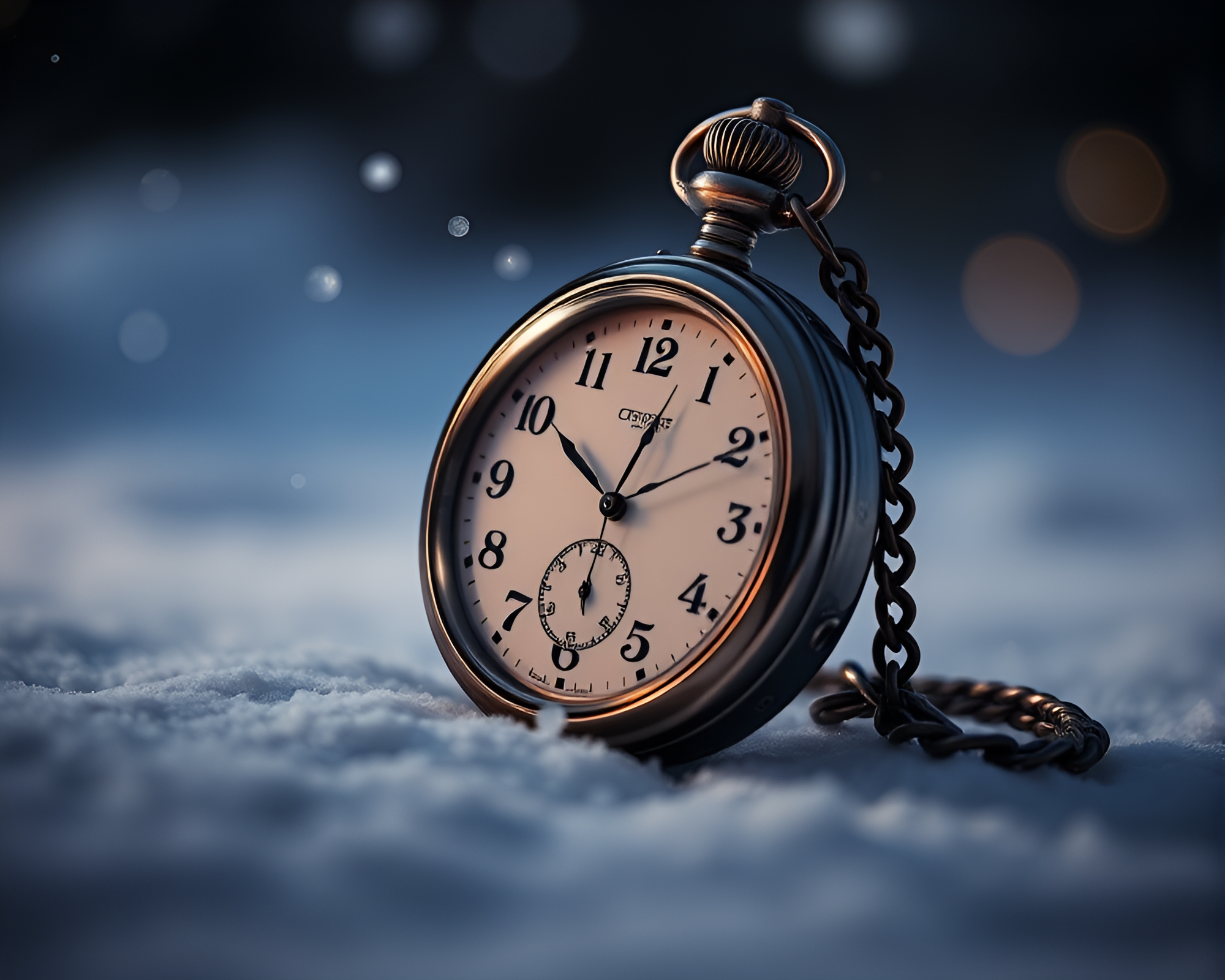 Elegant Pocket Watch in Snowy Tilted Glow – free AI stock image
