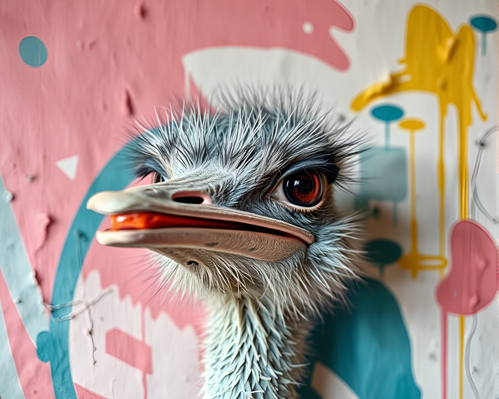 Abstract ostrich in pastel graffiti surroundings captured in low light