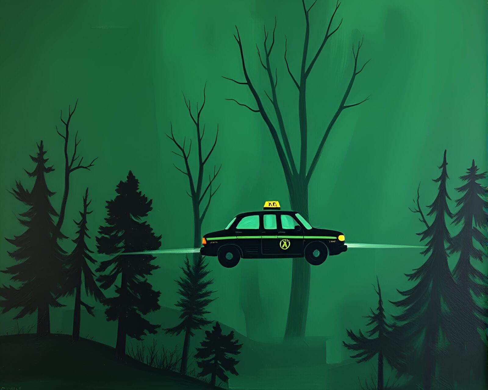 Acrylic painting of a hover taxi amidst lush greenery