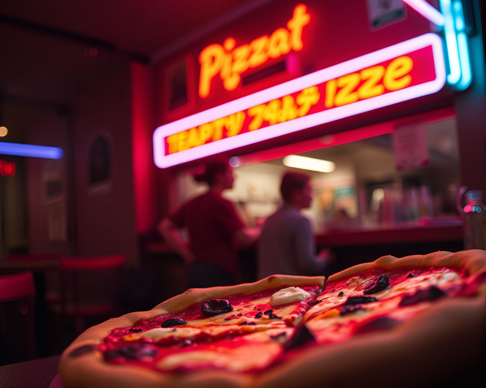 Sliced pizza under neon lights in dark setting