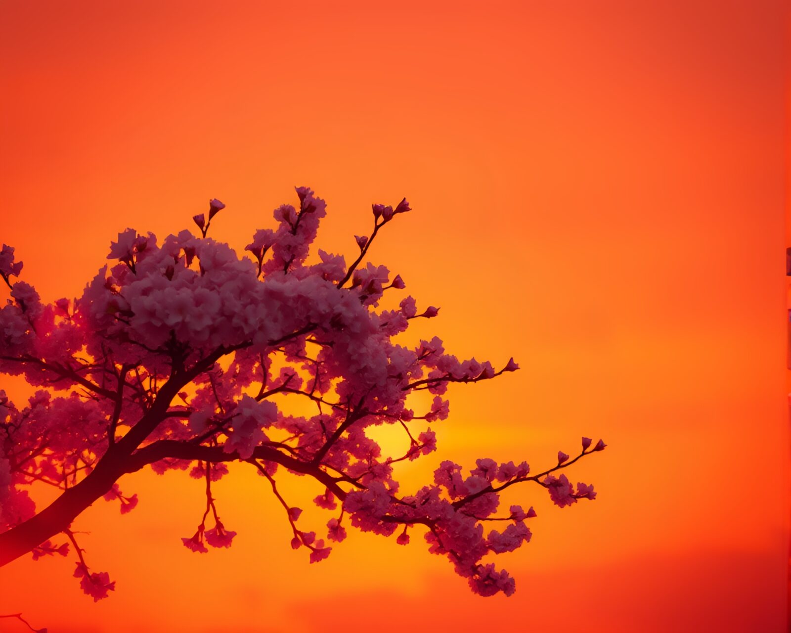 Abstract digital art of orange sunset behind cherry blossoms