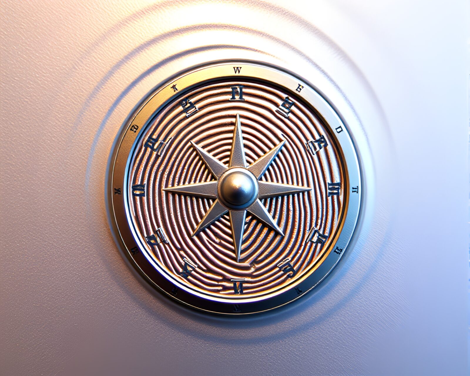Shiny hologram sundial on metallic spiral fingerprint background