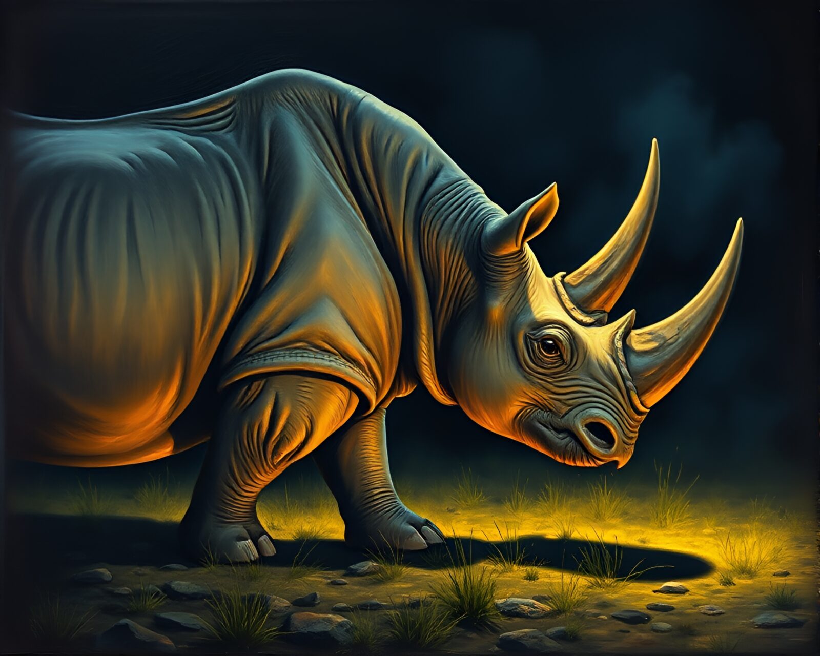 Majestic oil-painted rhino with textured impasto ridges illuminated by torchlight.