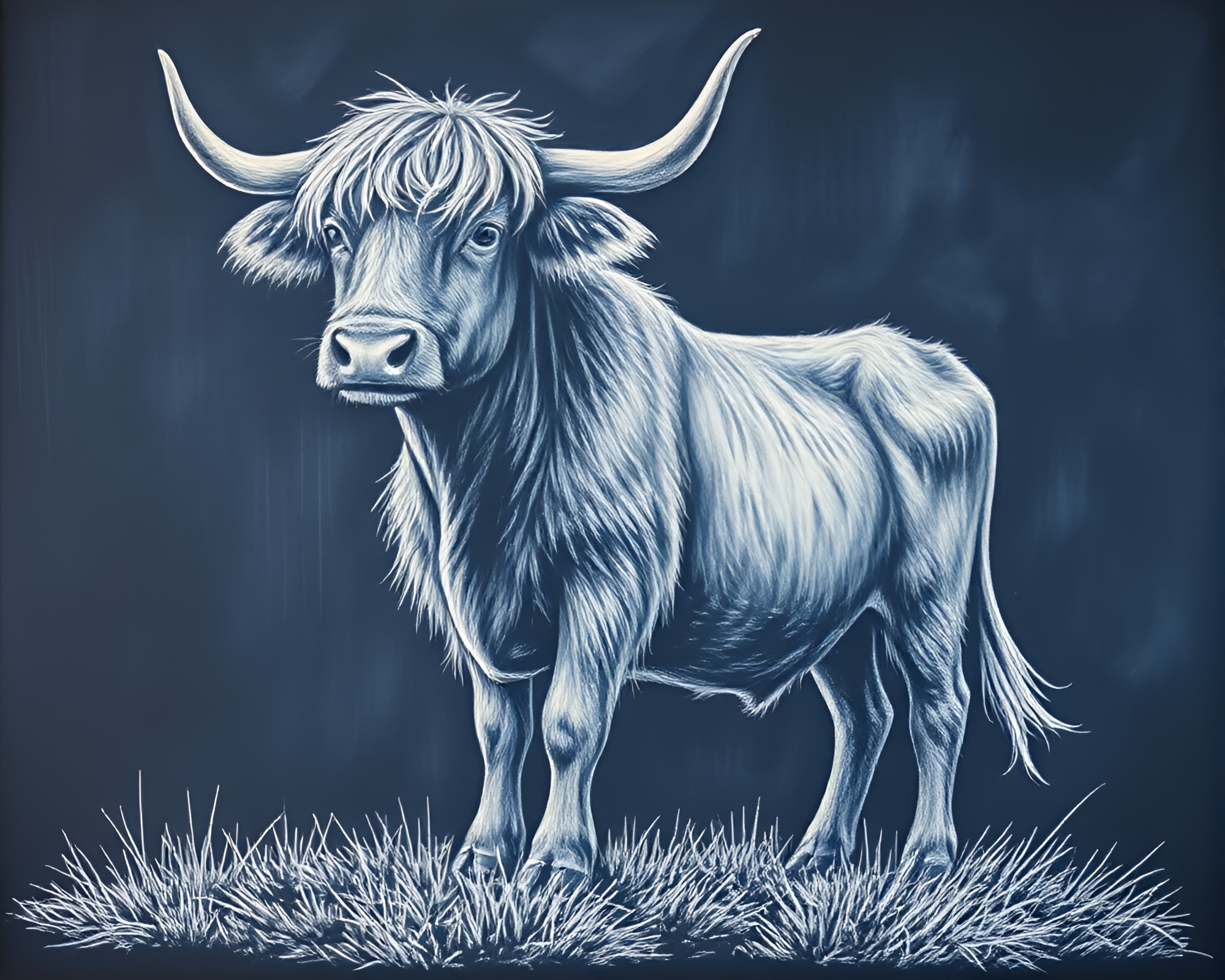 Highland Cow in Chalk Scrawls: Indigo Mystery Hatching – free AI stock image