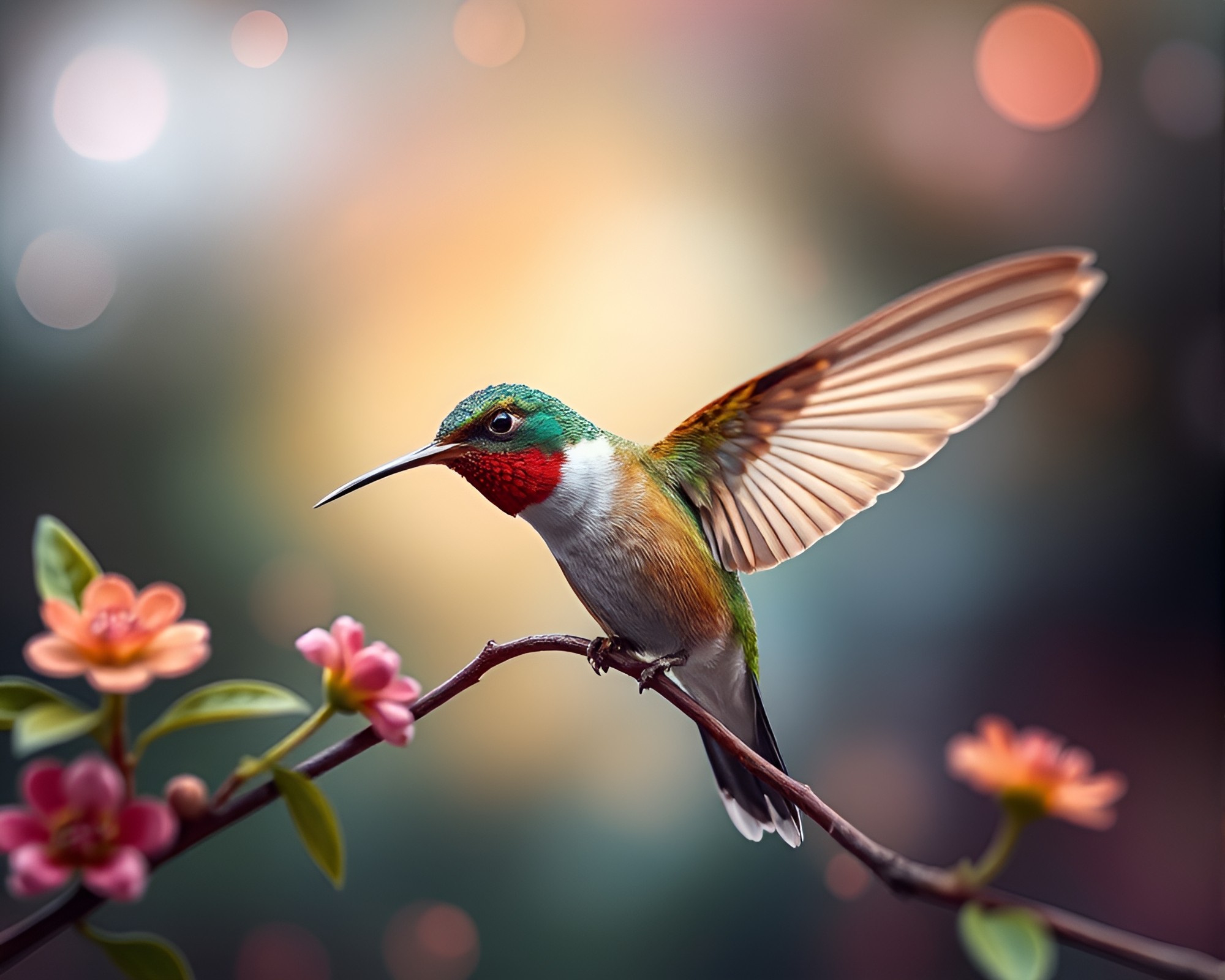Vibrant Hummingbird Feeding View from Below – free AI stock image