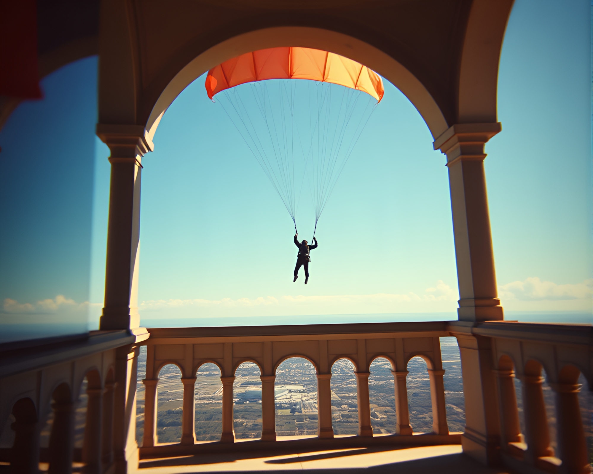 Architectural Frame: Parachute Jumper in Expired Film Light – free AI stock image
