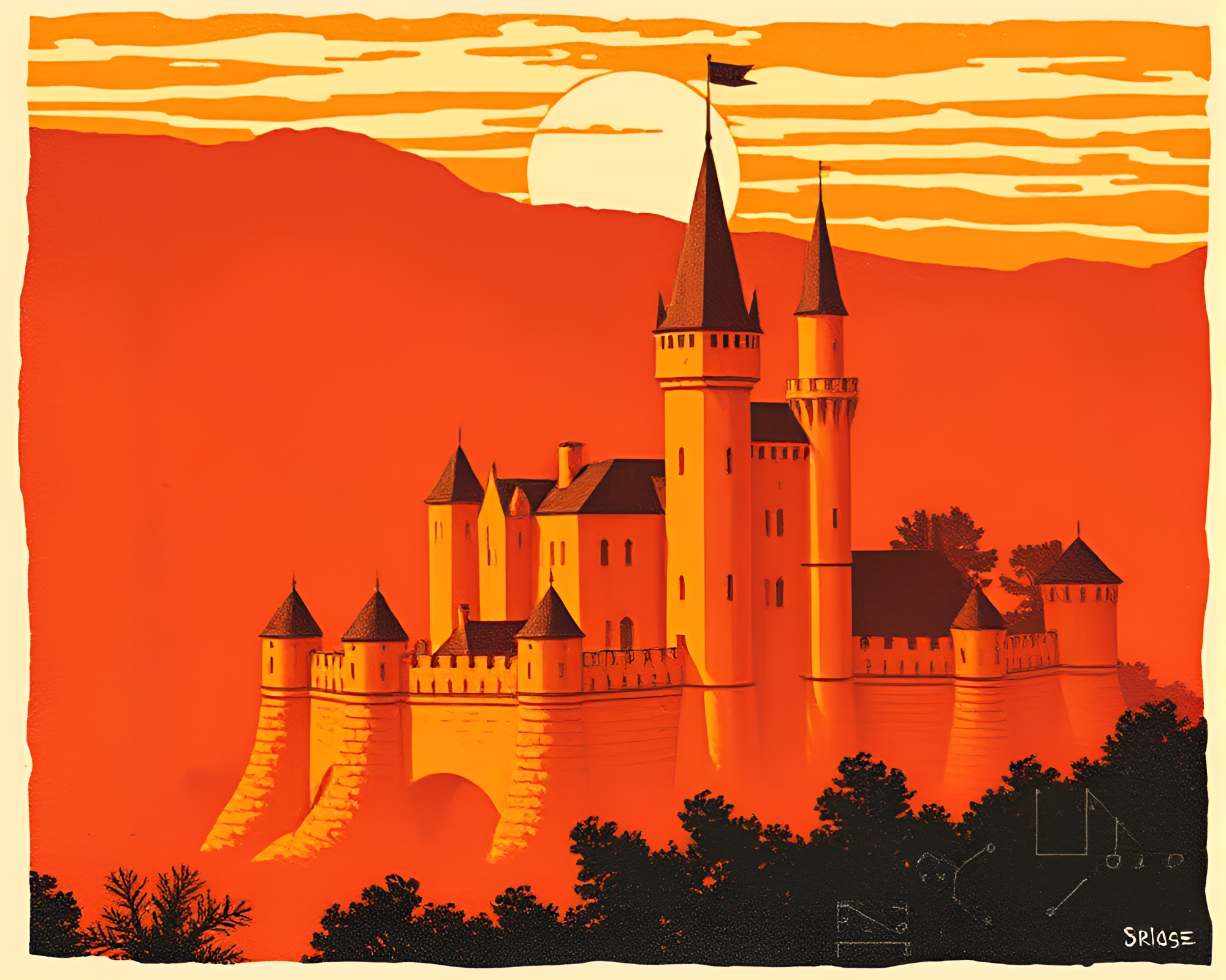 Sunset Castle Linocut Textures Cross-Processing Art – free AI stock image
