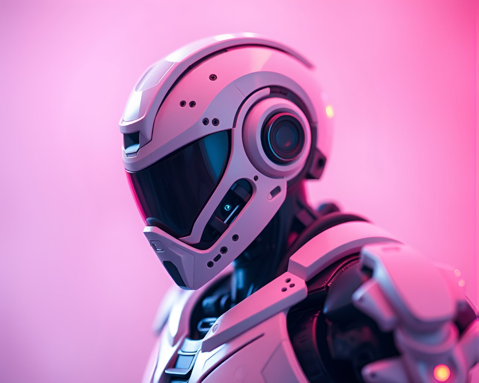 Close-up of pastel gradient exoskeleton suit with blurred bokeh background