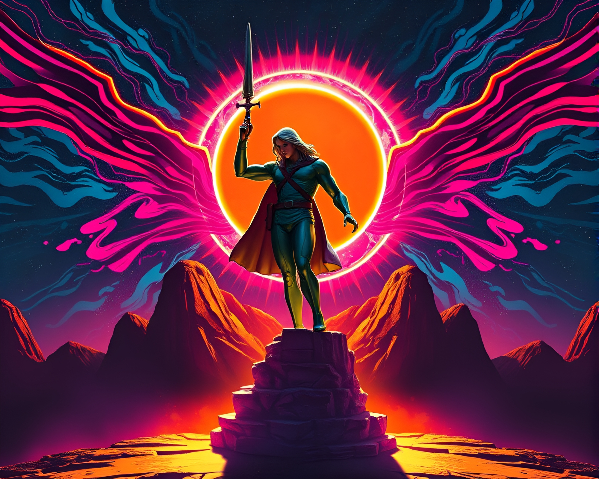 Synthwave Statue Embracing Vortex Twilight – free AI stock image