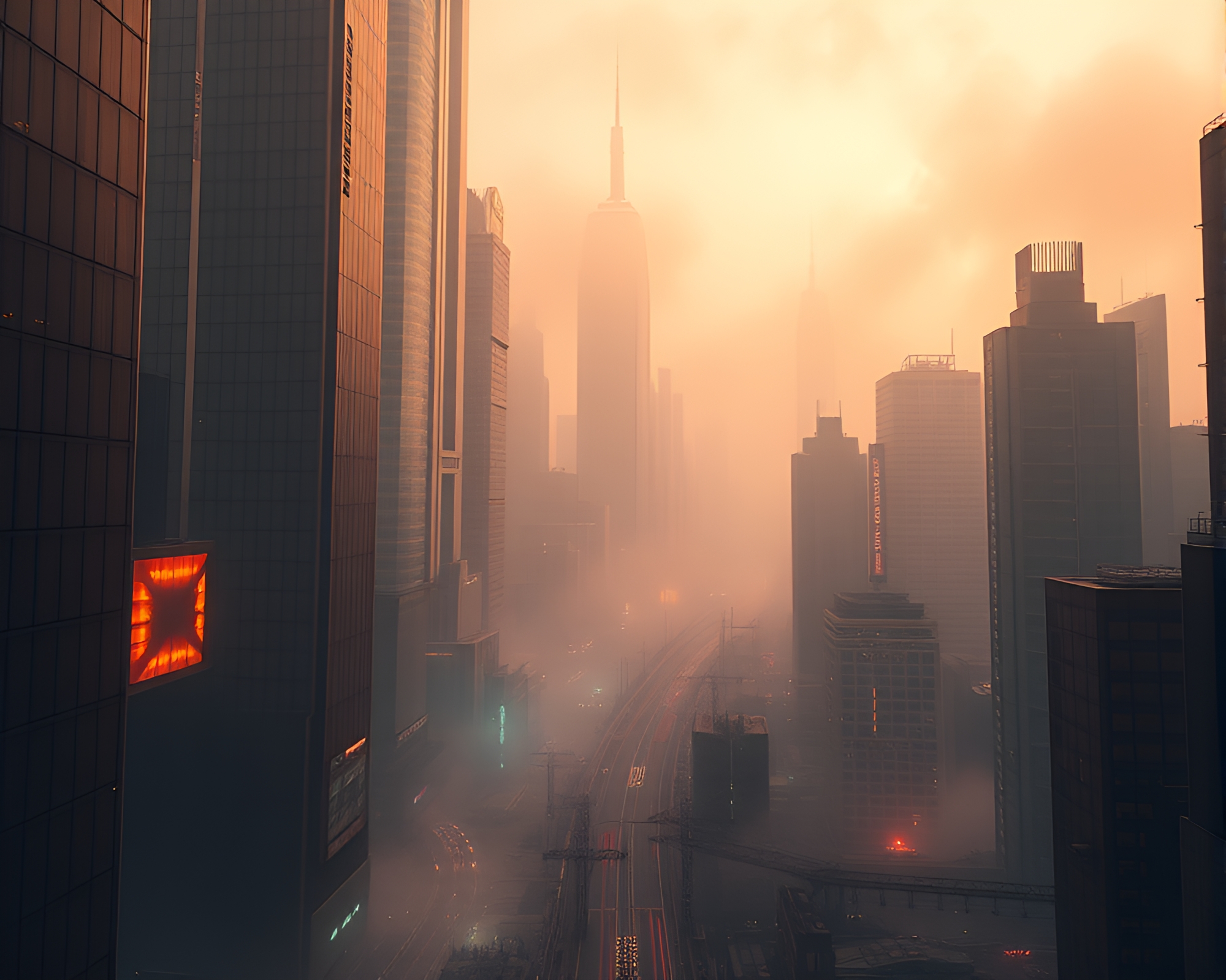 Futuristic Cityscape with Hazy Wood Grain Skyline – free AI stock image