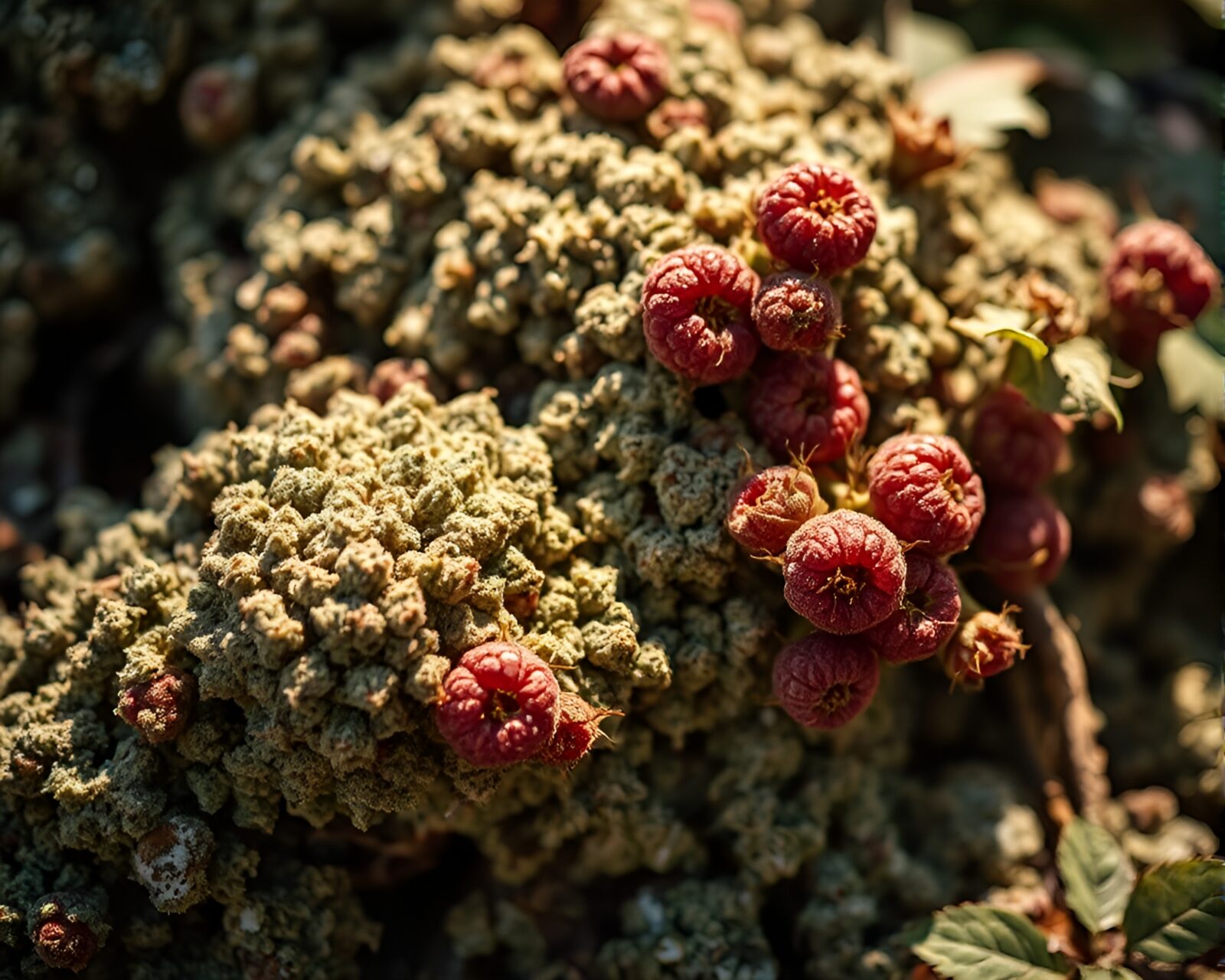 Vibrant raspberry bush intertwined with delicate lichen texture