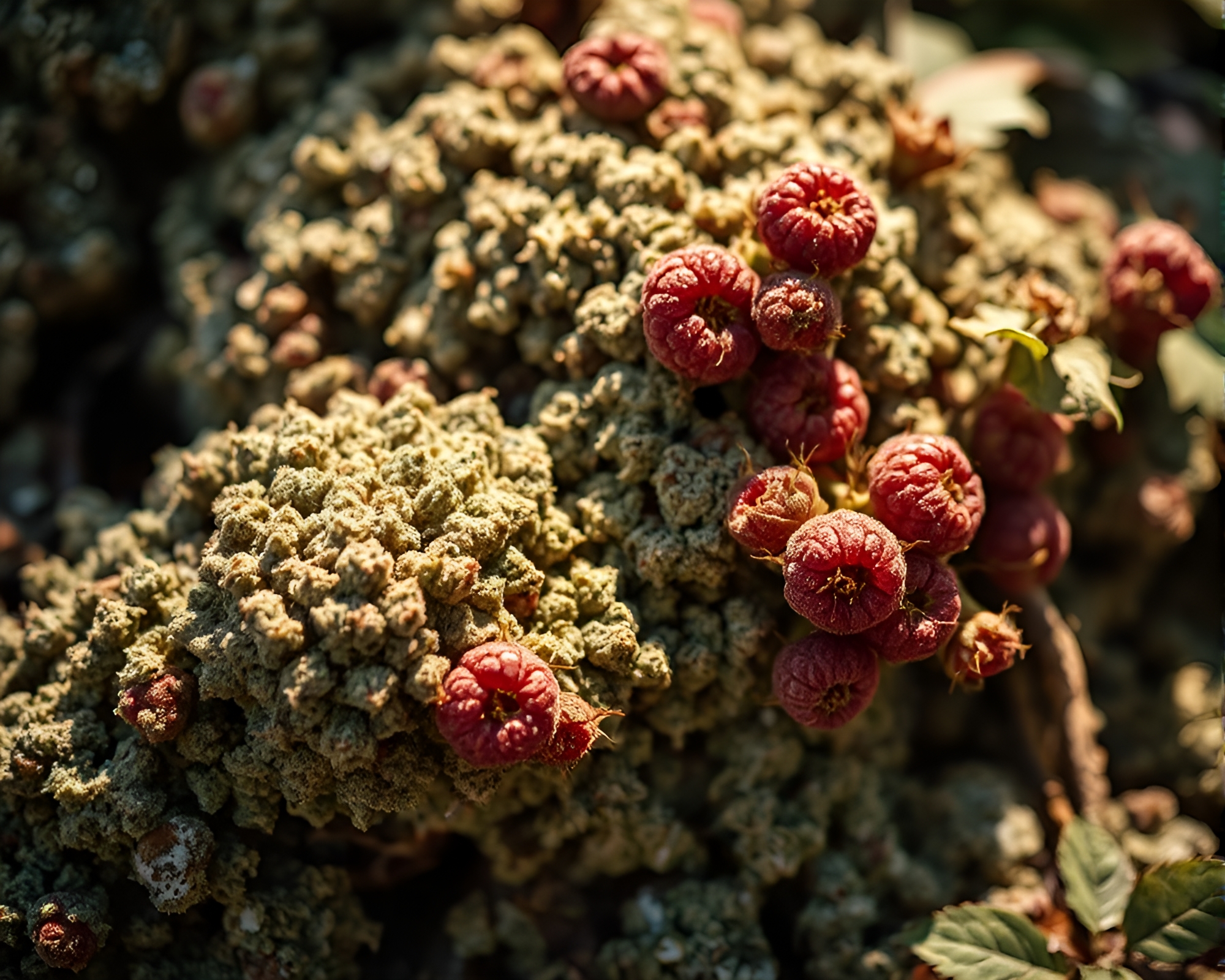 Raspberry Bush with Lichen Texture under Dusty Light – free AI stock image