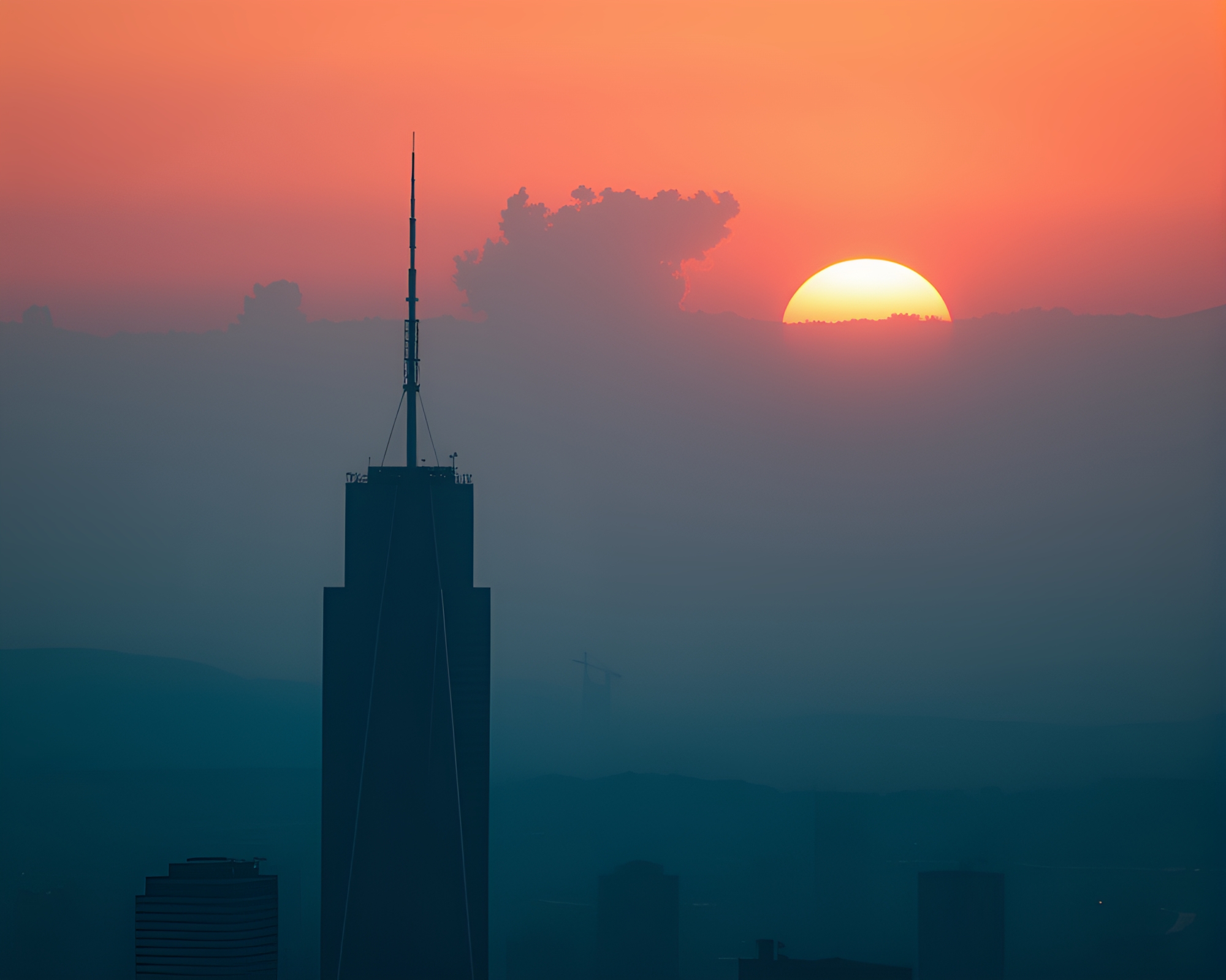 Sunset Skyscraper Silhouette in Minimalist Procedural Generation – free AI stock image