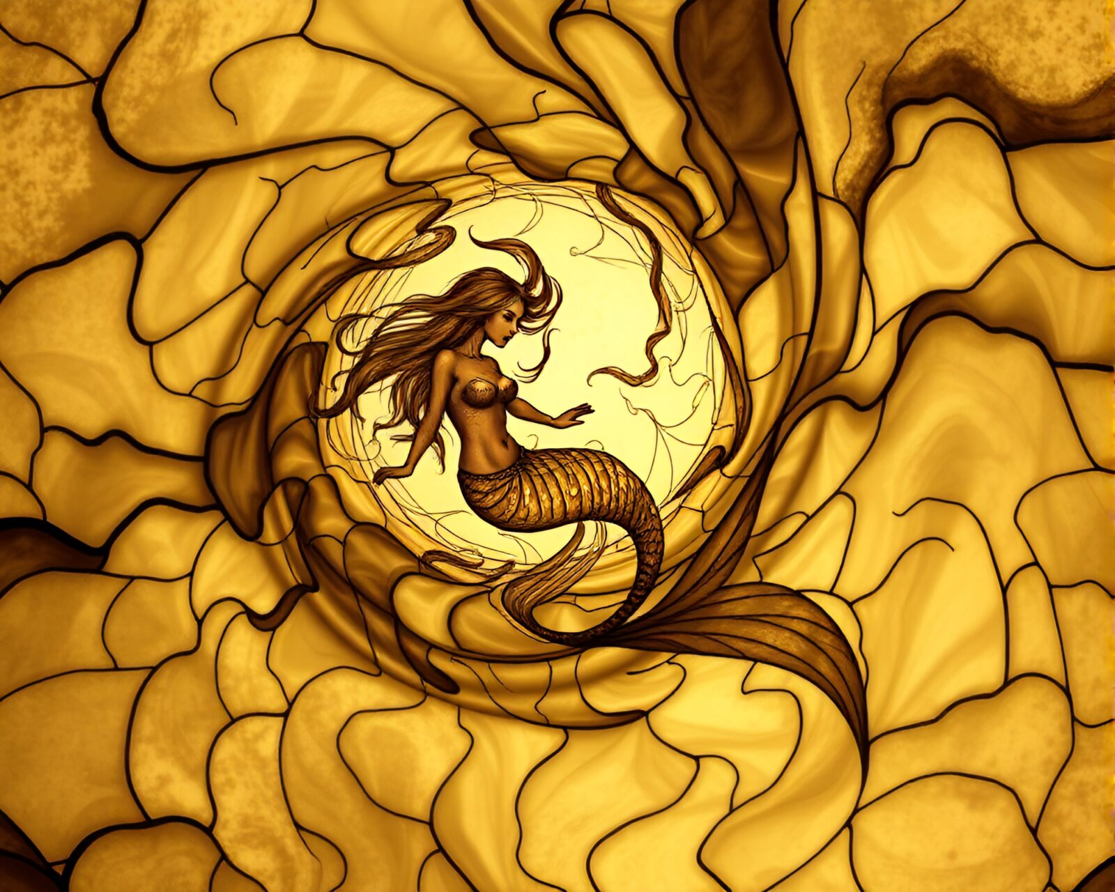Mystical mermaid in a swirling vortex of sepia tones