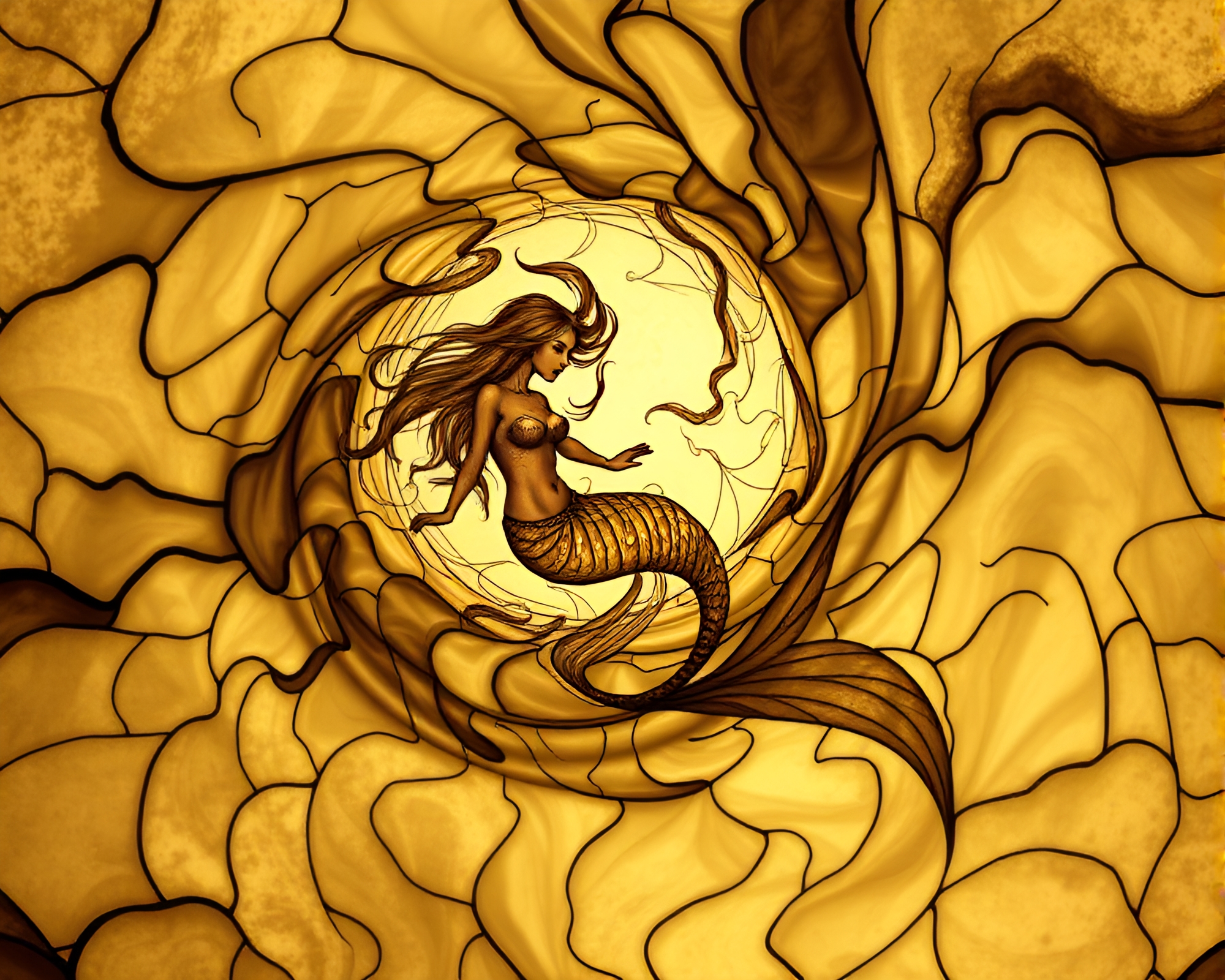 Enchanting Mermaid in Sepia Stained Glass Vortex – free AI stock image