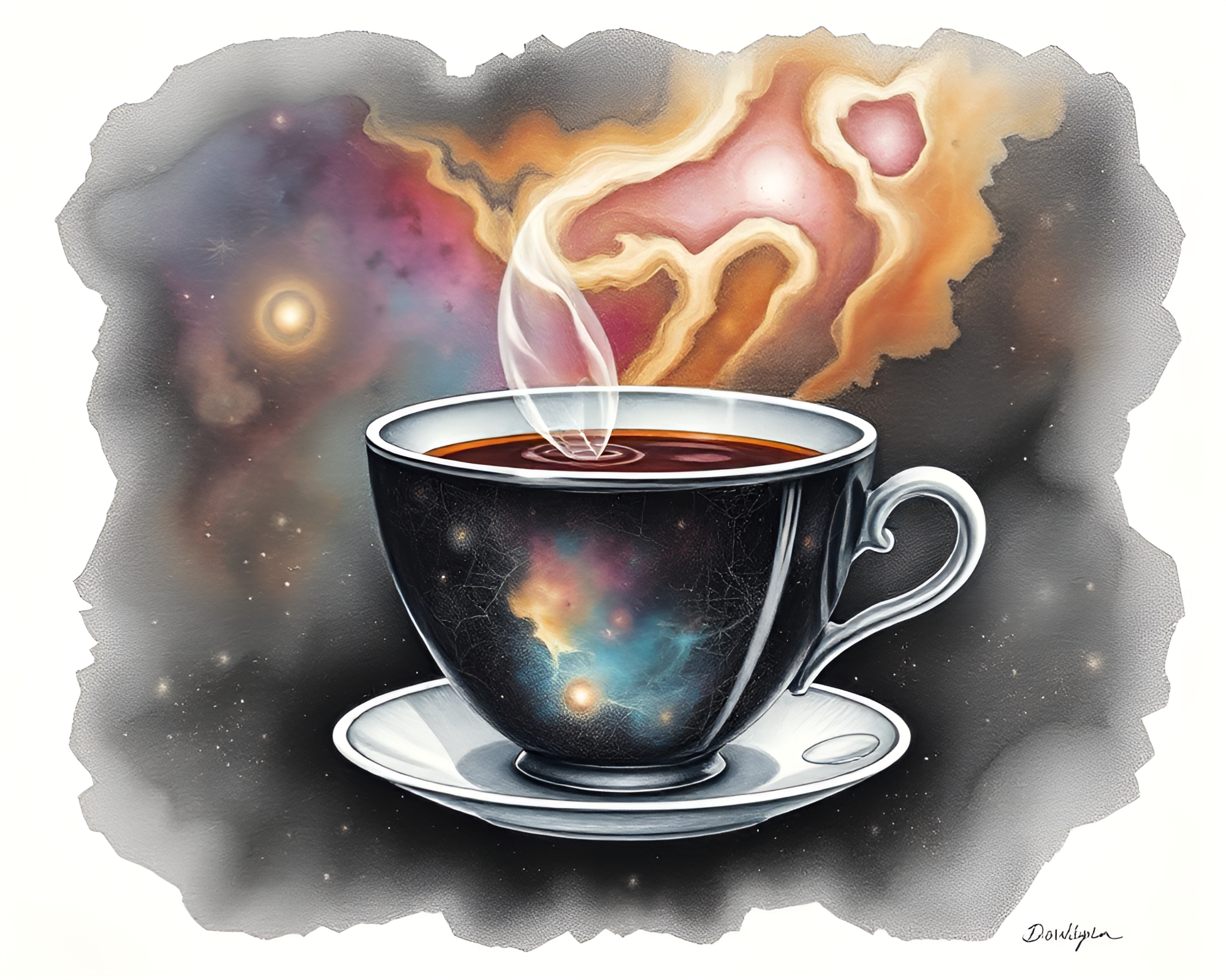 Cosmic Tea Cup in Engraved Paper Tears – free AI stock image