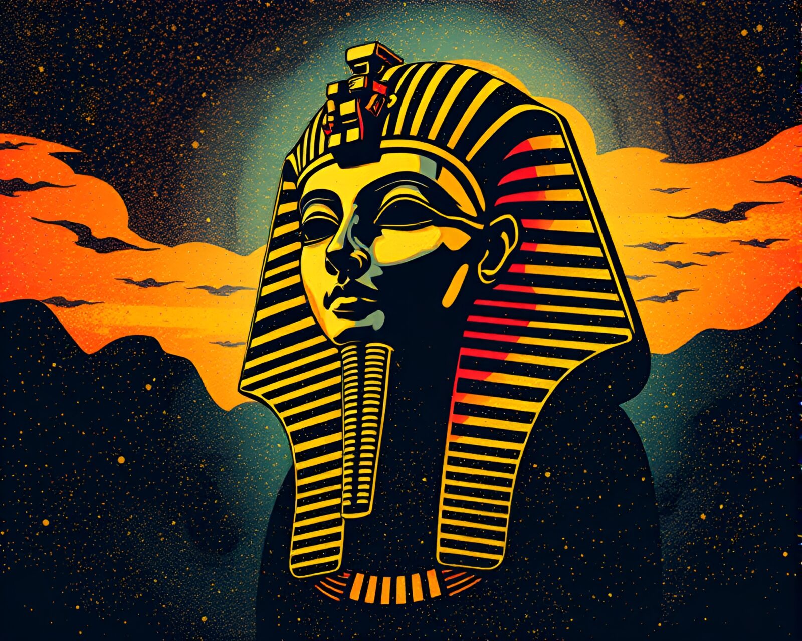 Pharaoh's mask shrouded in dawn mist with dot screenprint texture