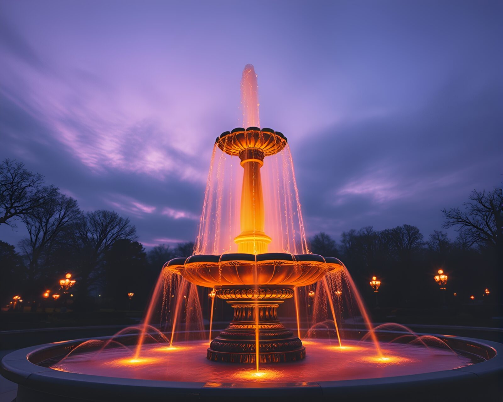 Long exposure photo of a twilight-toned chocolate fountain