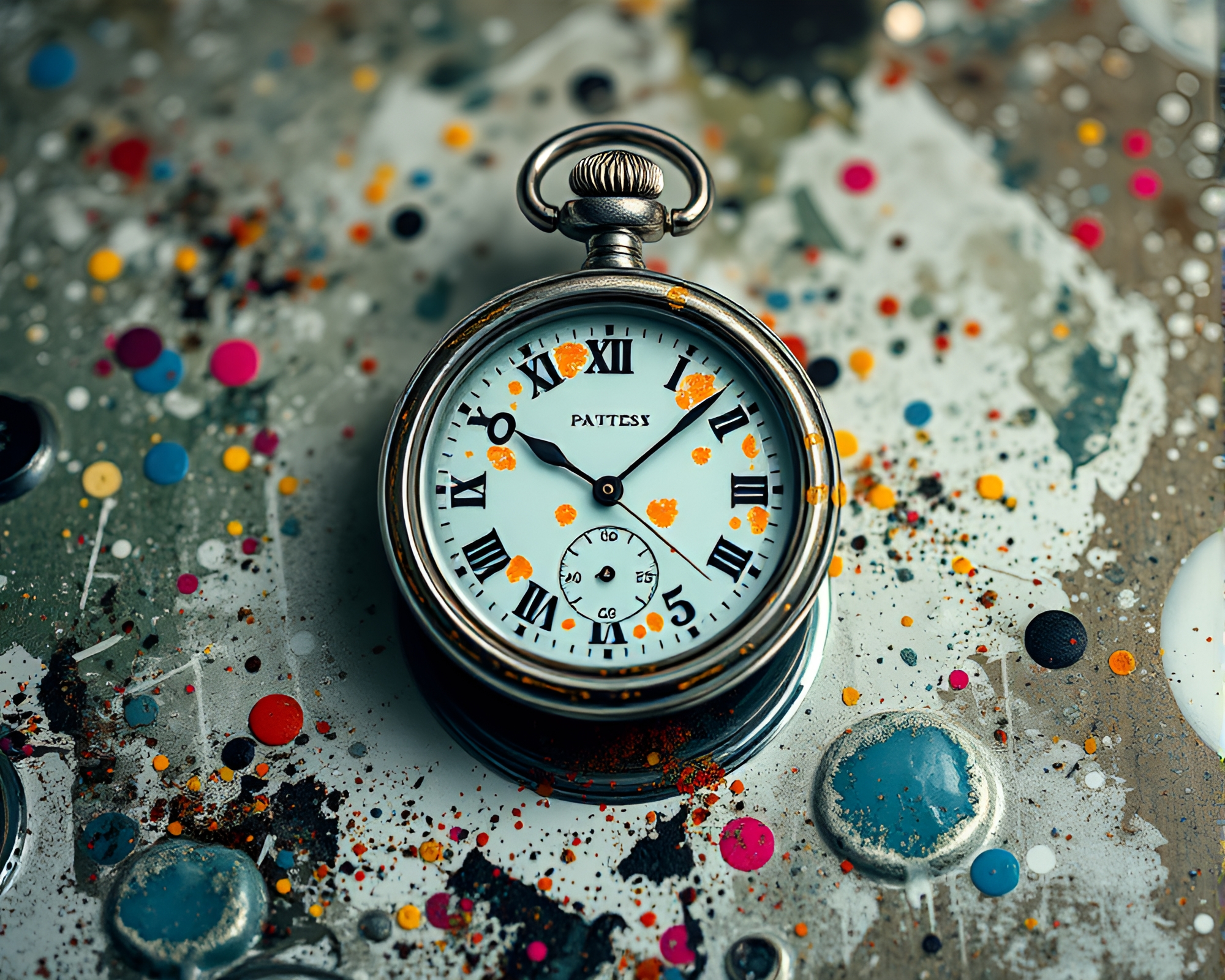 Surreal Pocket Watch Reflections in Paint Splatter – free AI stock image