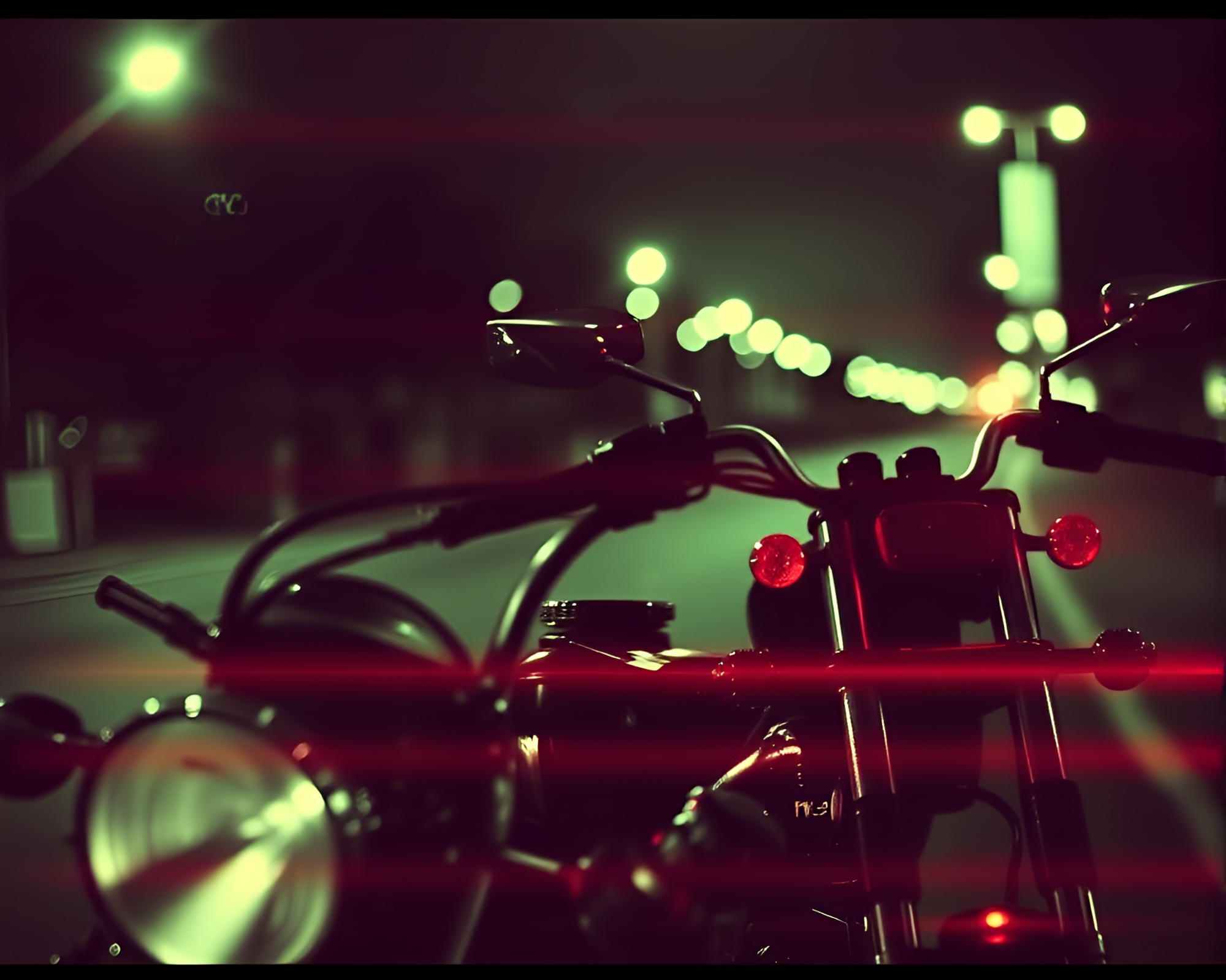 Motorcycle Noir: Scan Lines in Desaturated City Scene – free AI stock image