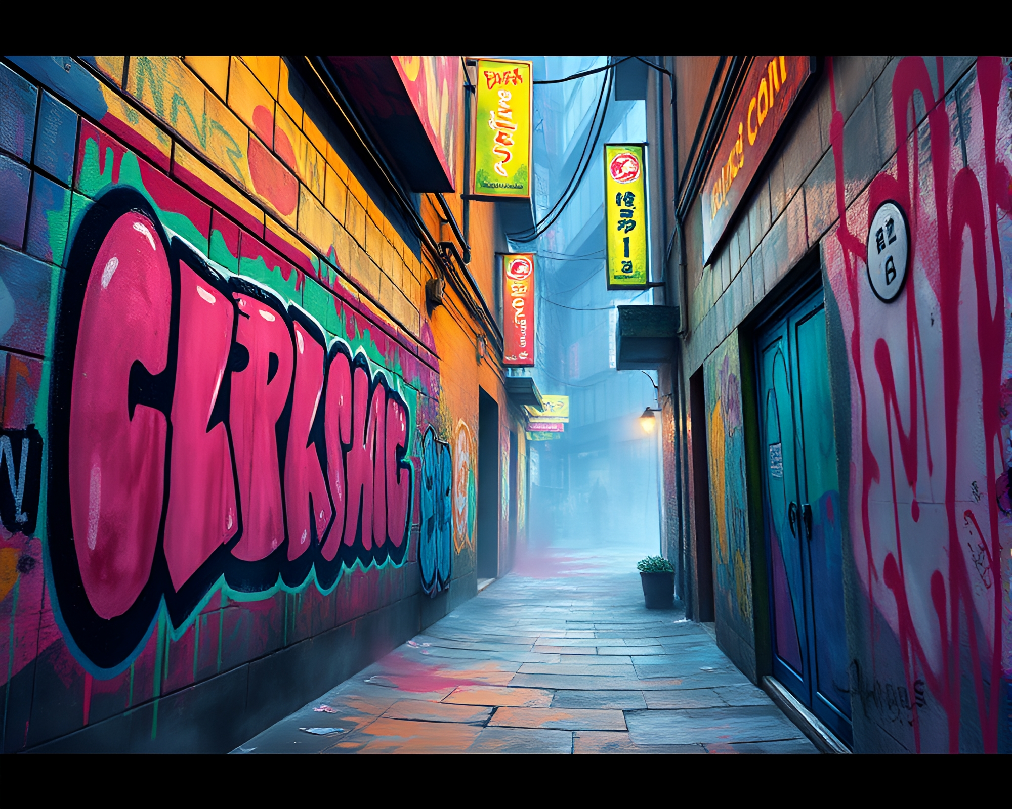 Cyberpunk Alley Graffiti Drips Watercolor Wash – free AI stock image